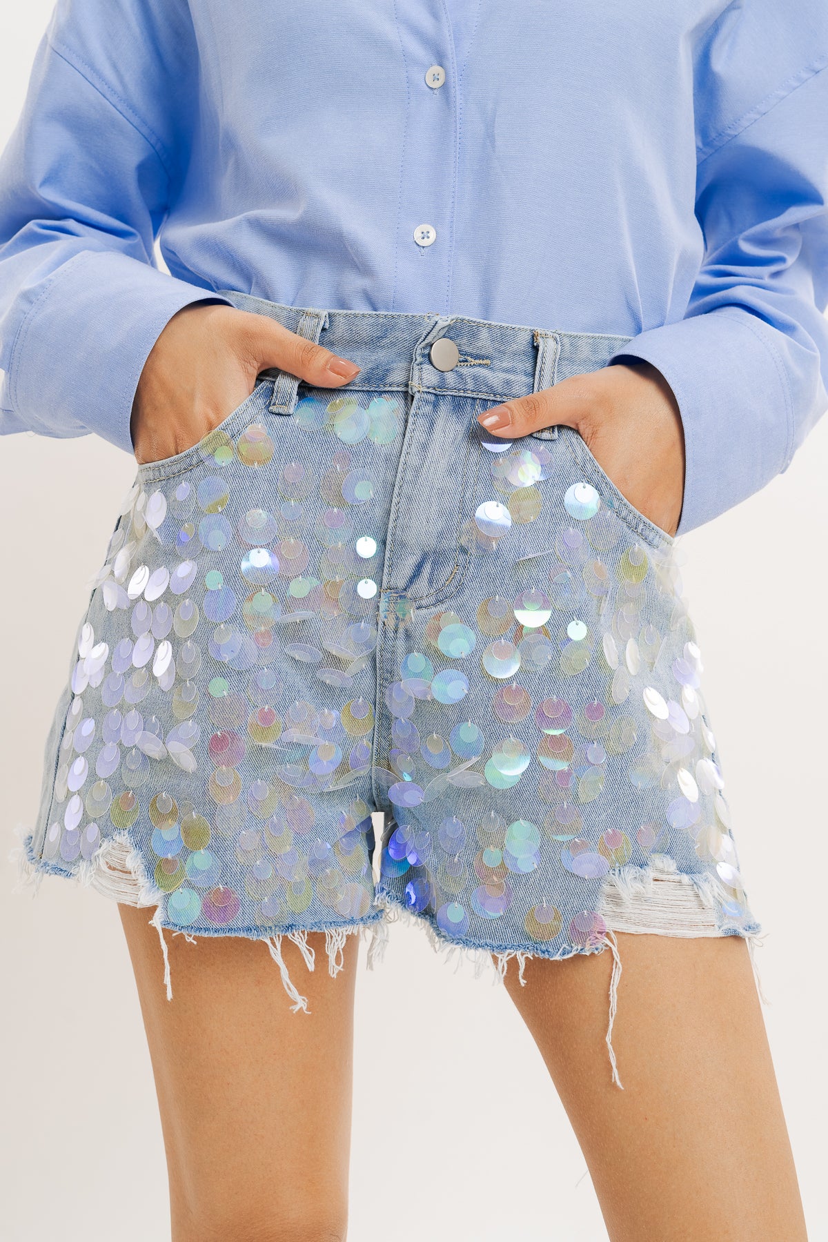 Embellished denim shorts online