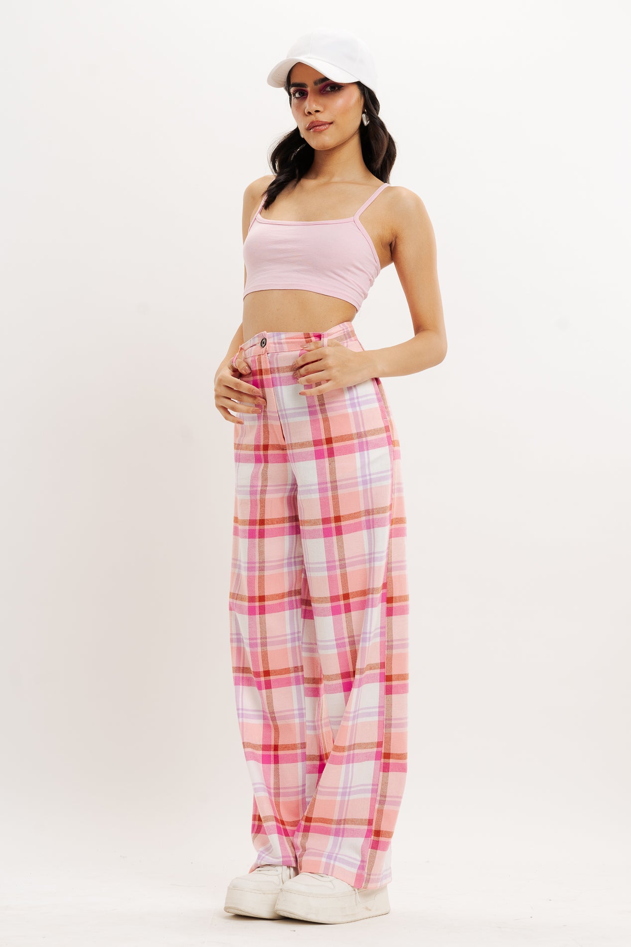 Pink Plaid Female Trousers Pink And White Checkered Straight Fit Pant