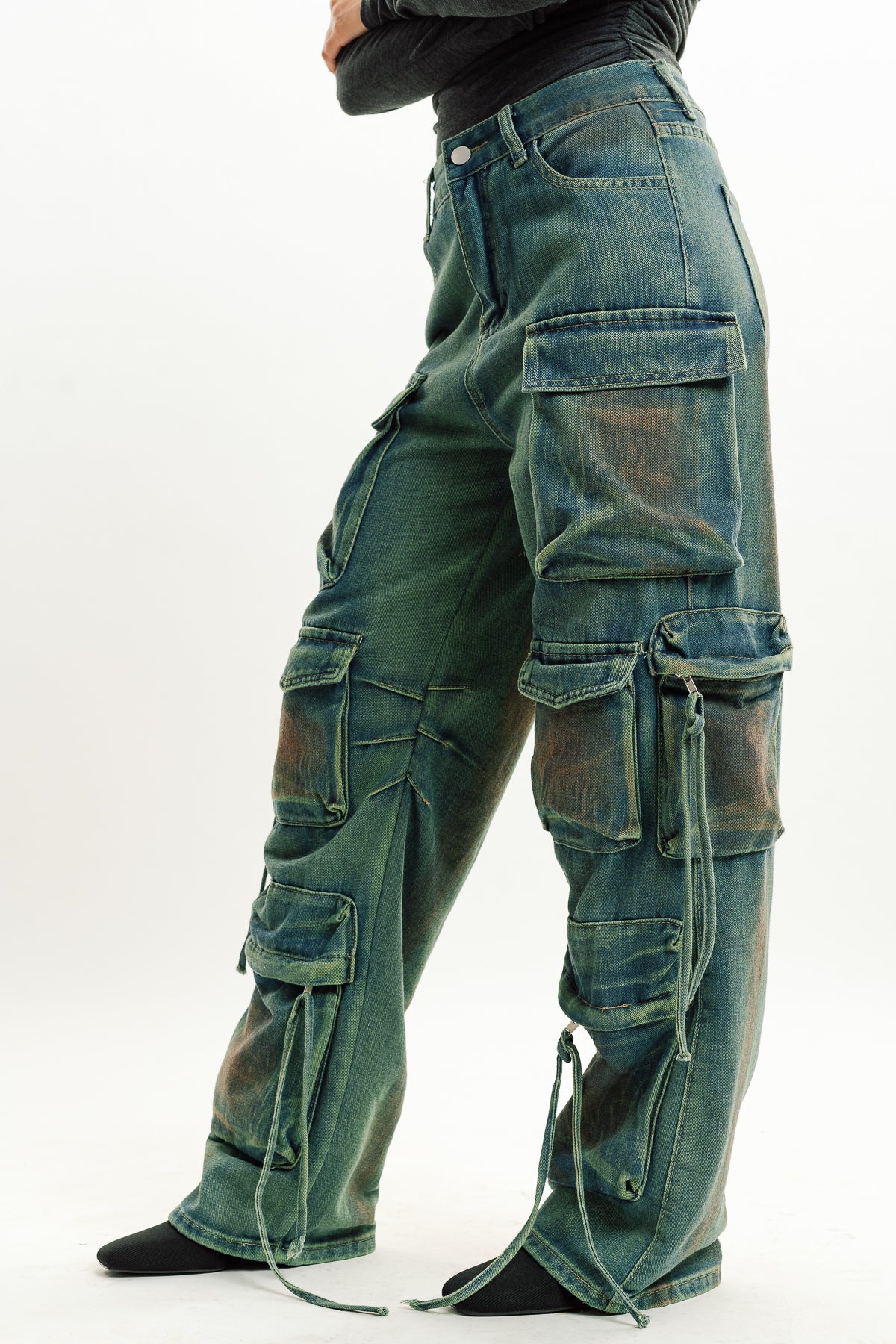 Green Tint Women's Baggy Straight Cargo Jeans