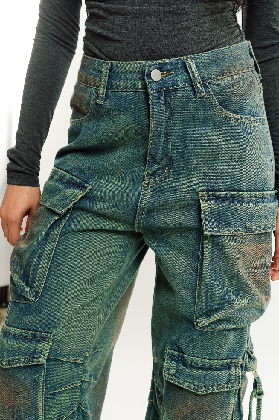 Green Tint Women's Baggy Straight Cargo Jeans