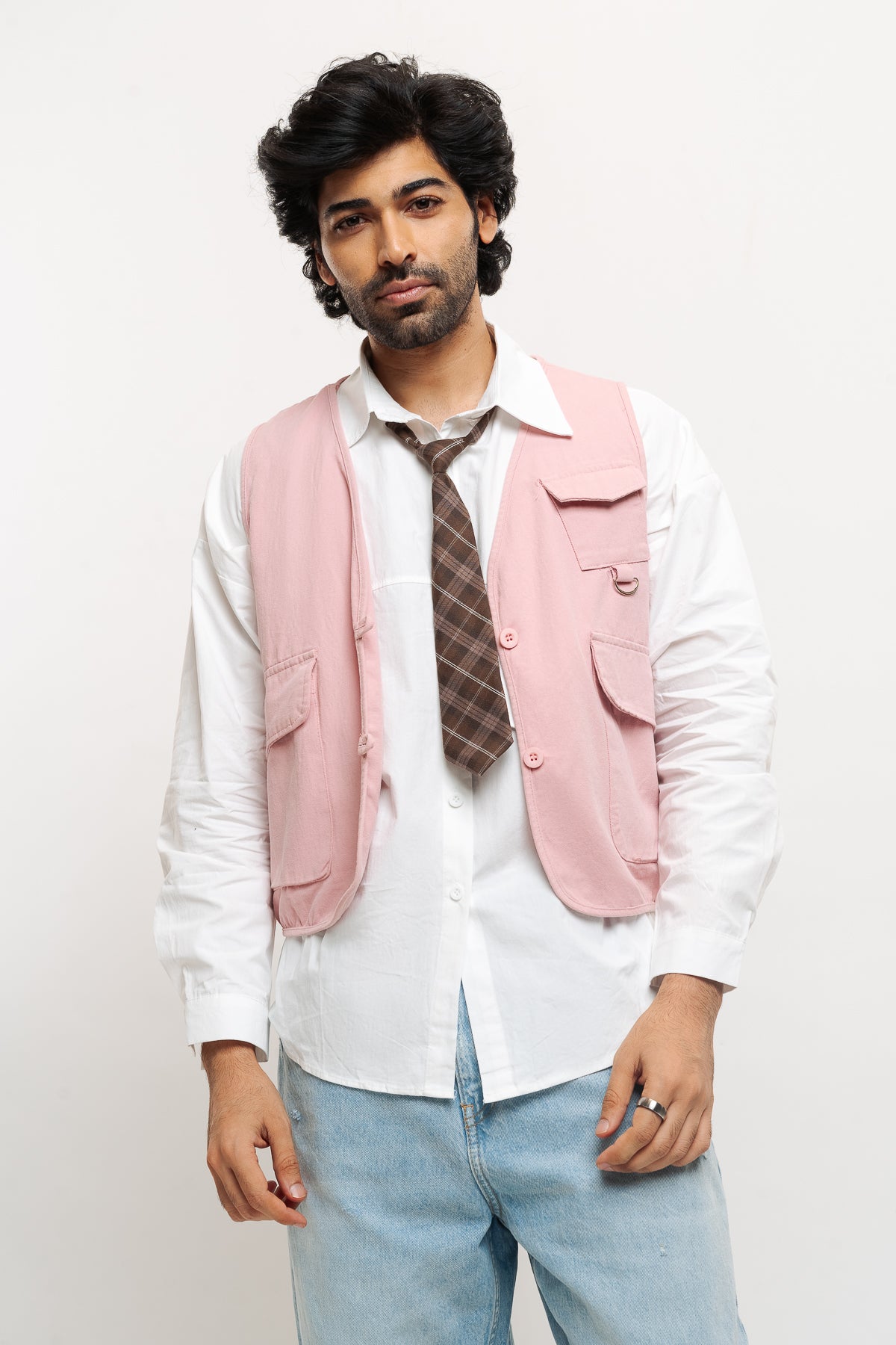 Men's Pink Vested Shirt With Tie