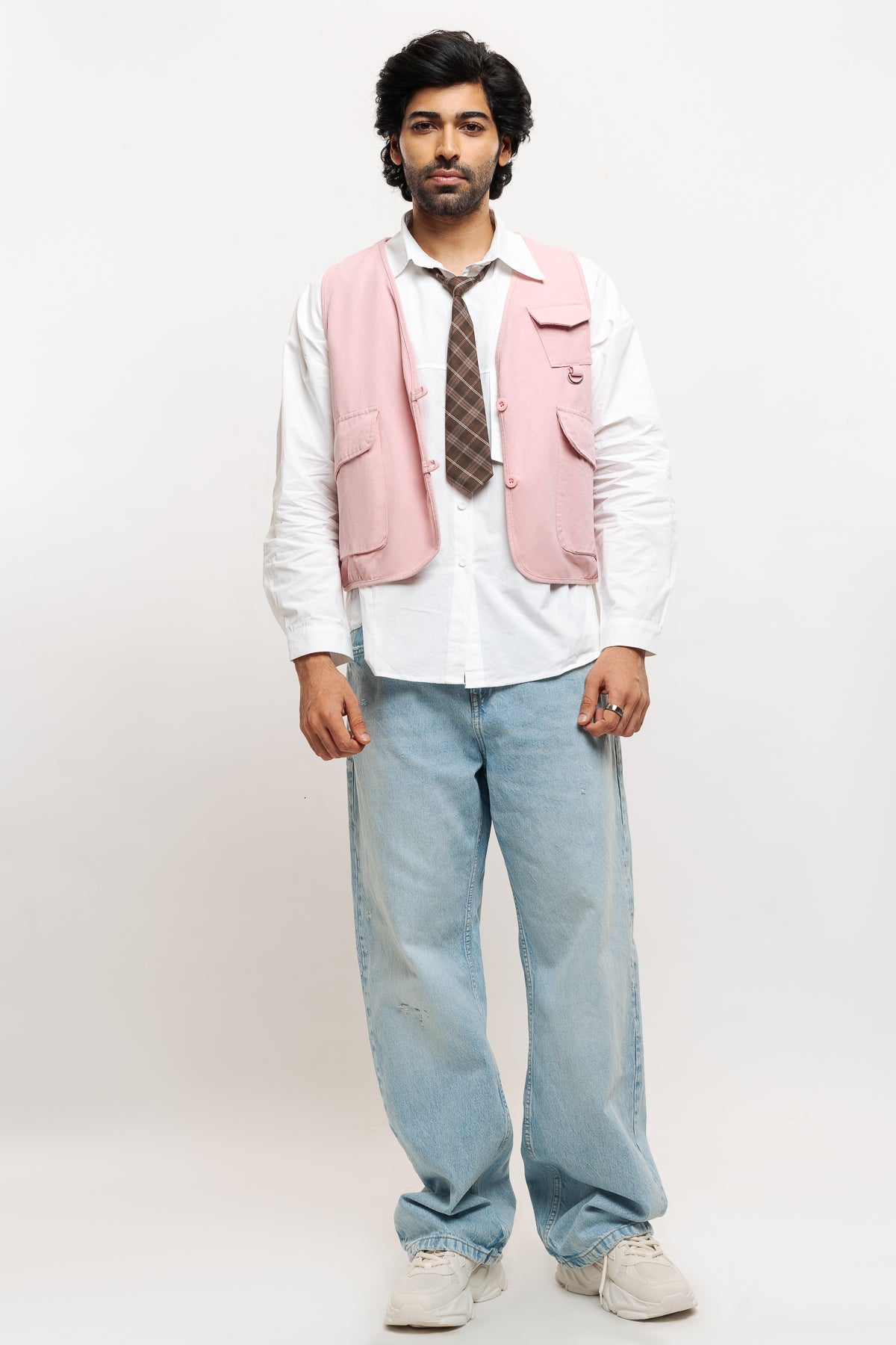 Men's Pink Vested Shirt With Tie