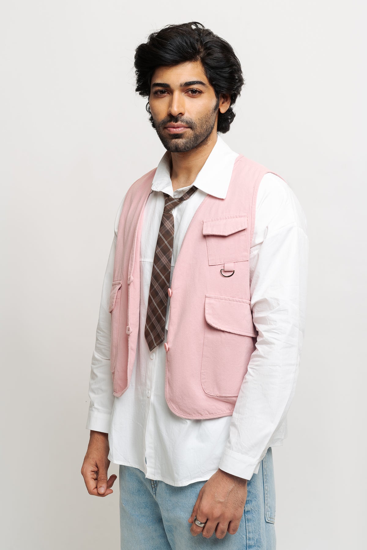 Men's Pink Vested Shirt With Tie