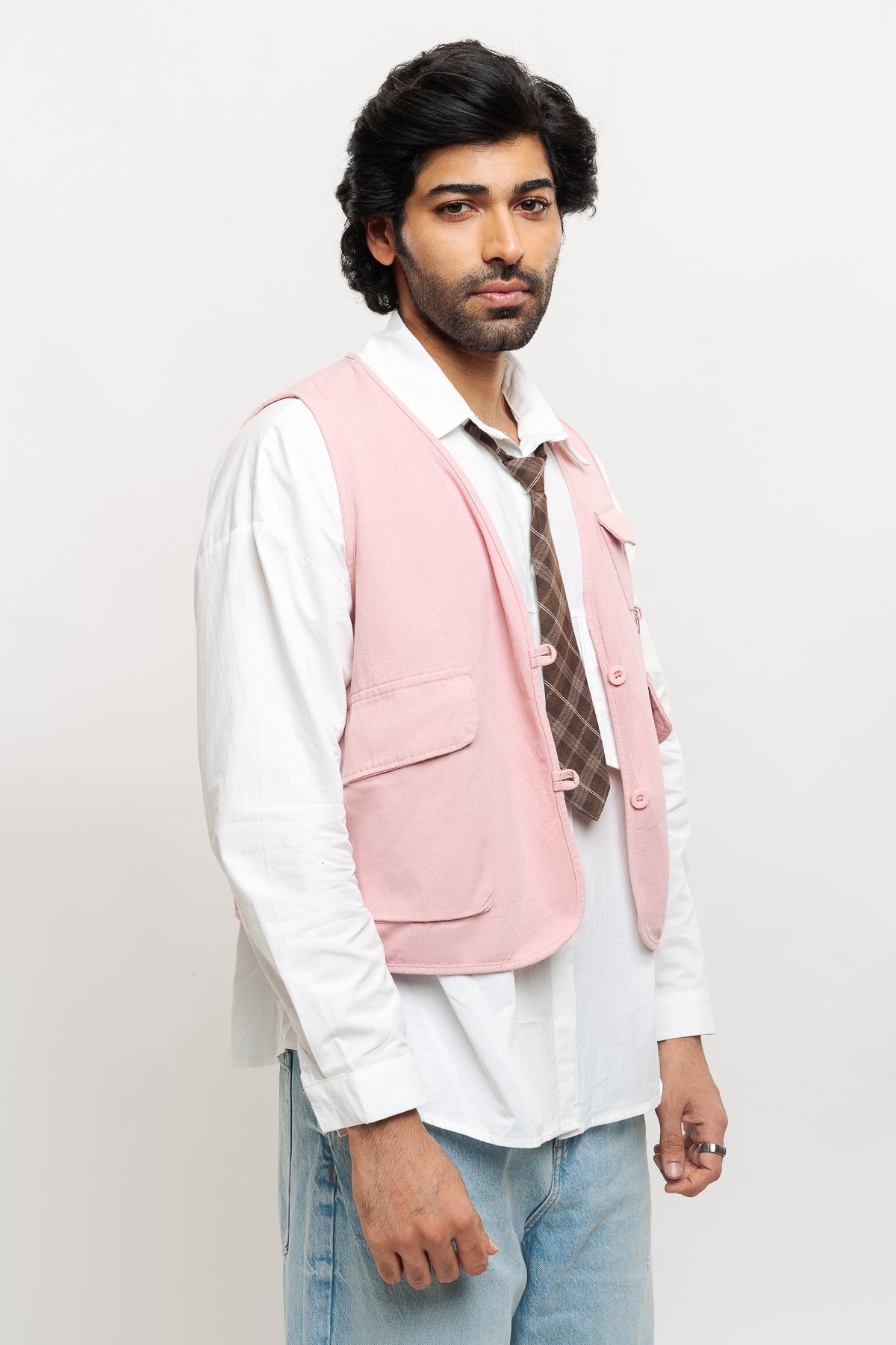 Men's Pink Vested Shirt With Tie