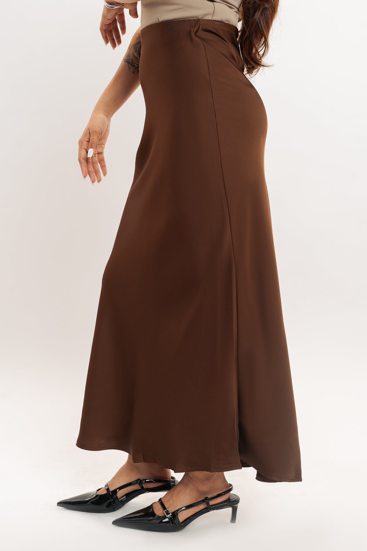Choco Brown Satin Long Skirt