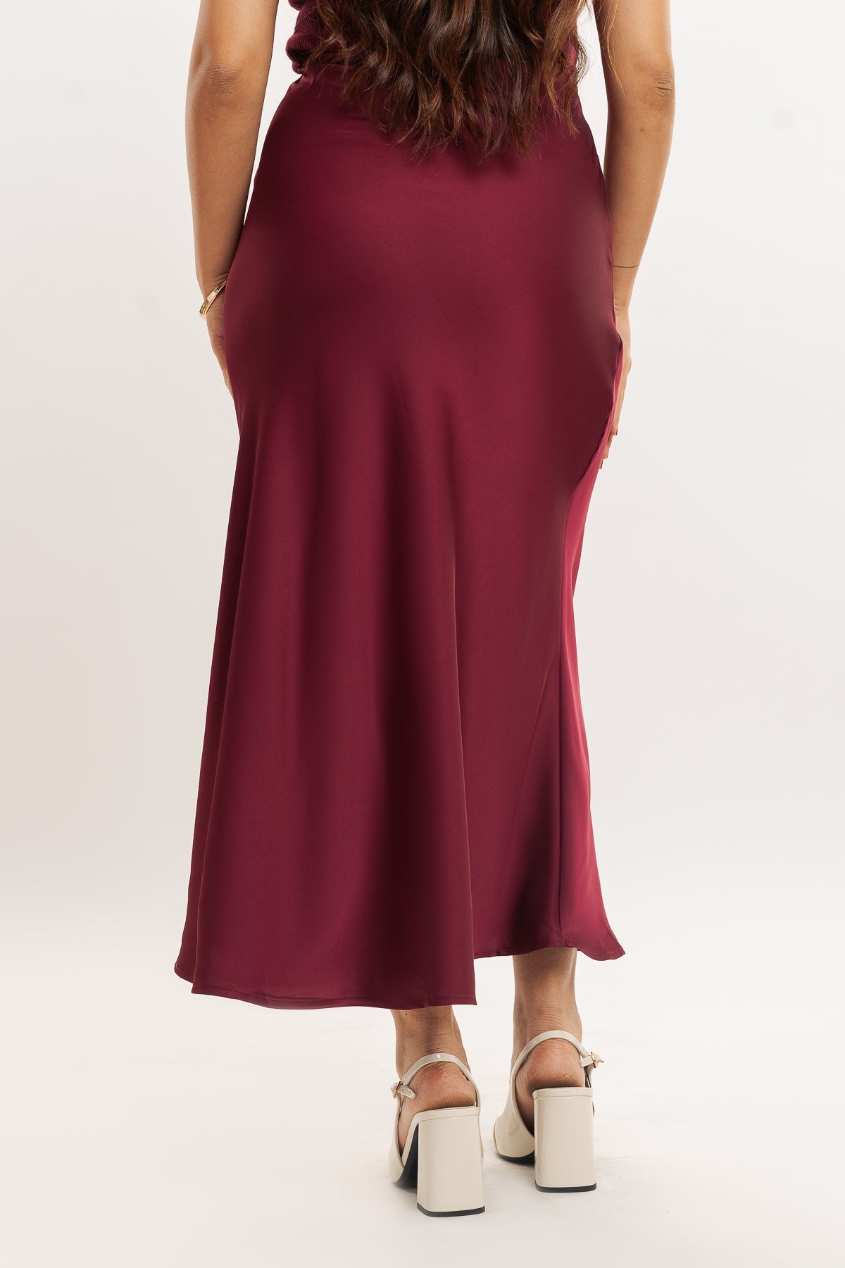 Cherry Red Satin Long Skirt