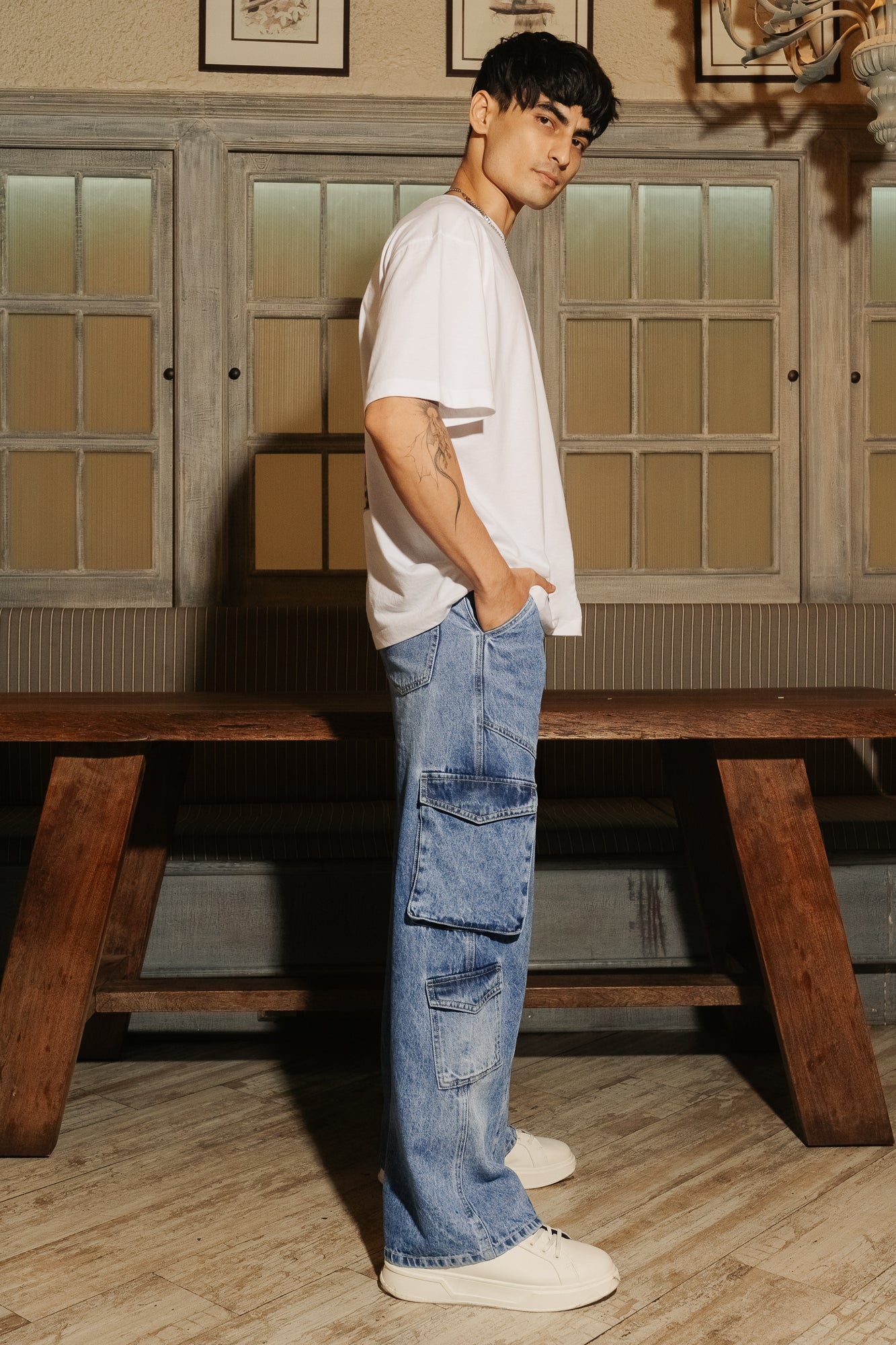 Blue Patch & Seam Men's Wide Cargo Jeans