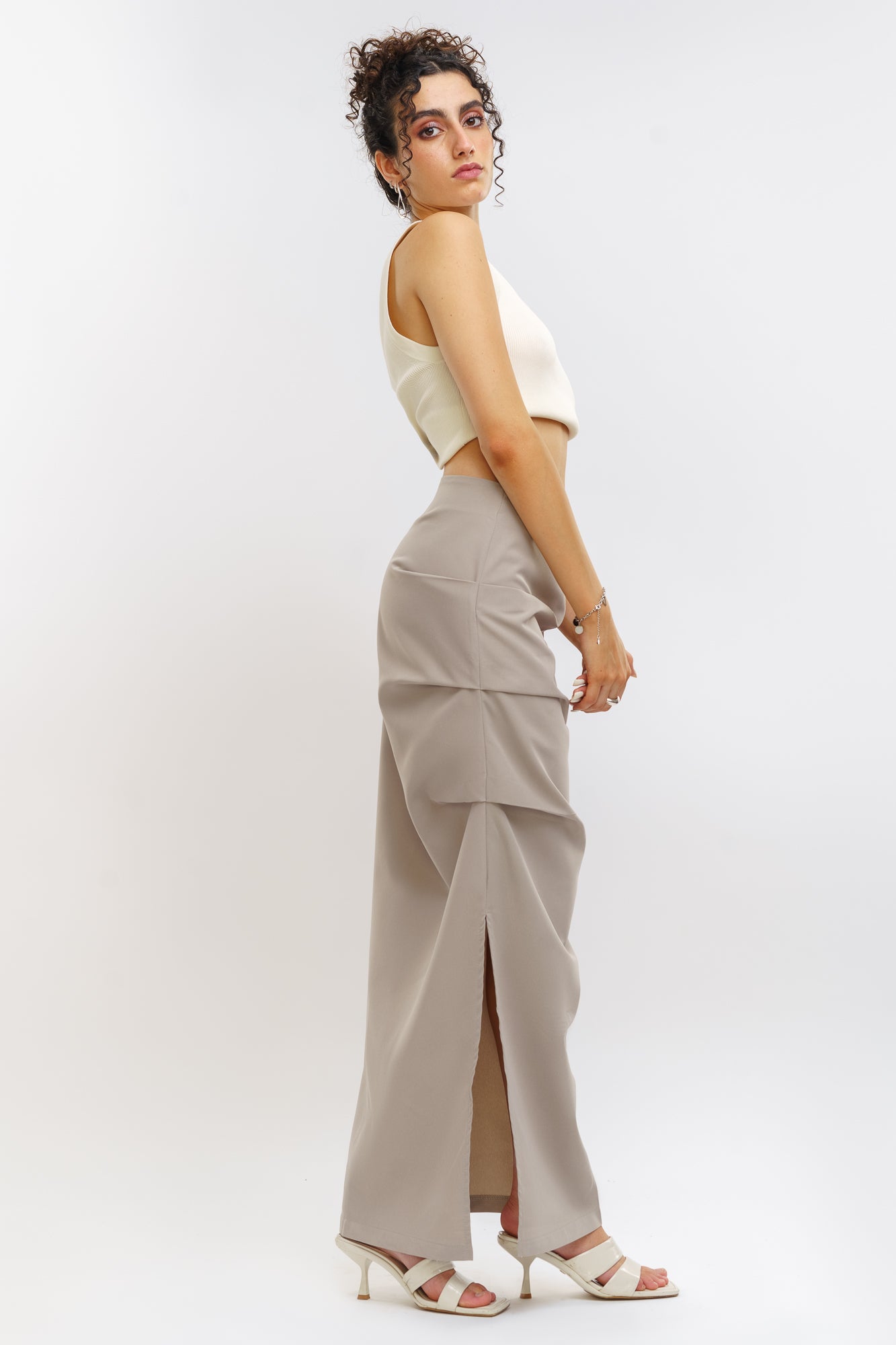 Grey Pleated Slit Skirt
