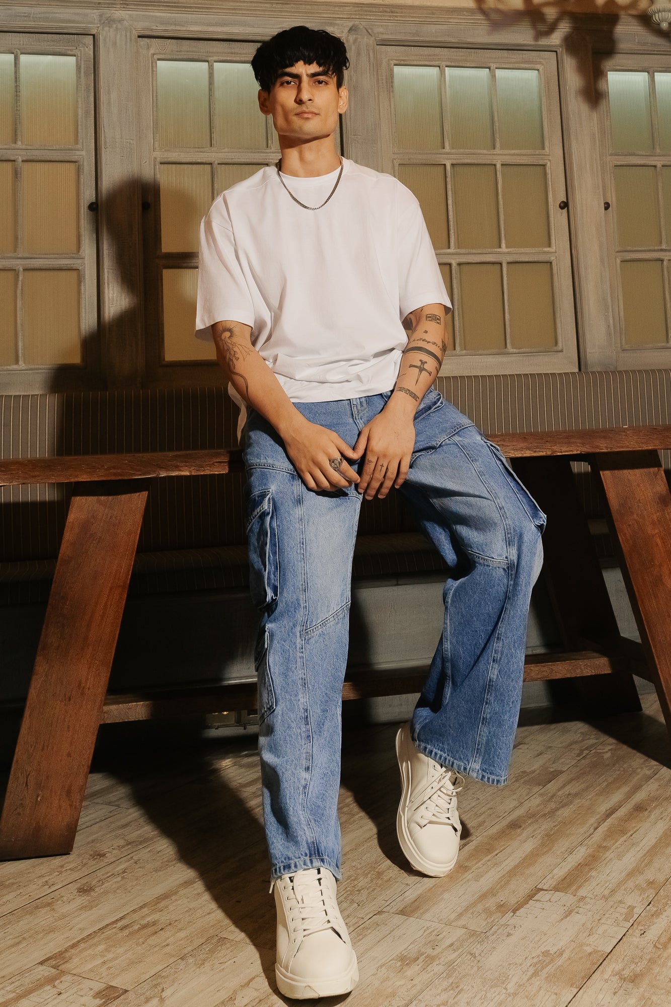 Blue Patch & Seam Men's Wide Cargo Jeans