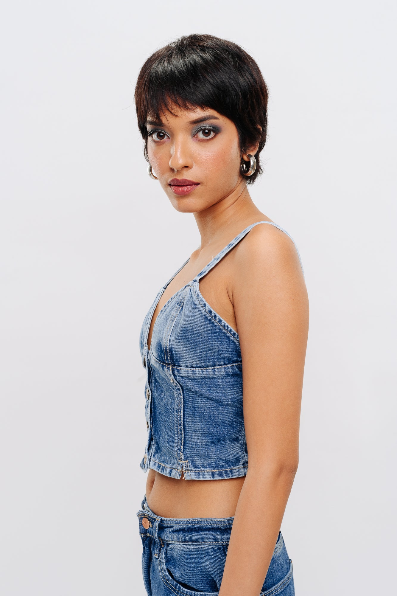 Front Button Denim Indigo Top