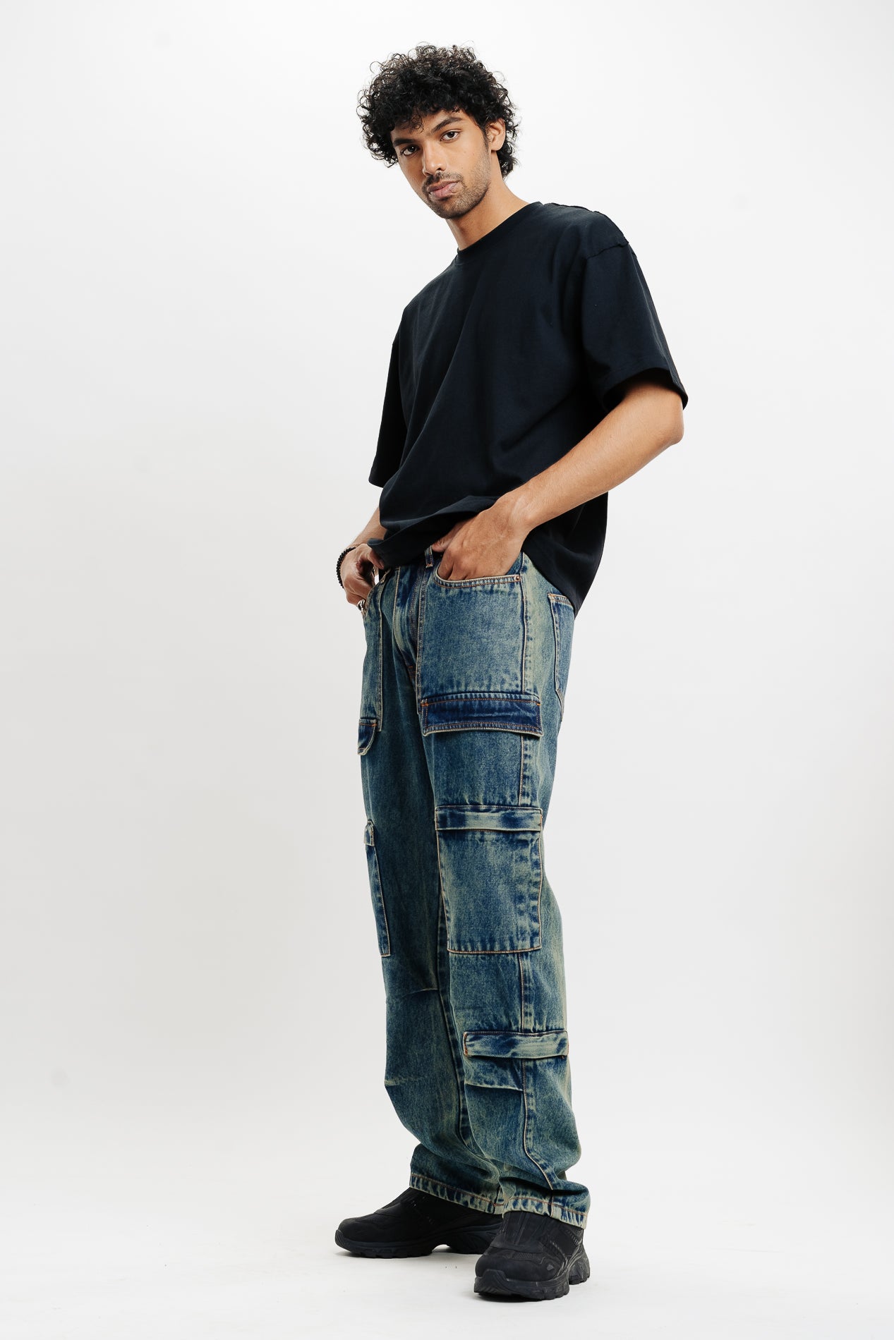 Blue Men's Straight Cargo Jeans