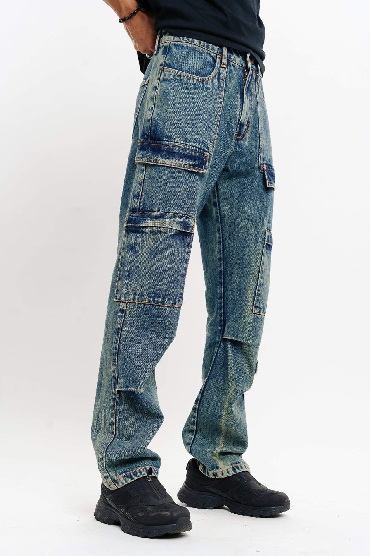 Blue Men's Straight Cargo Jeans