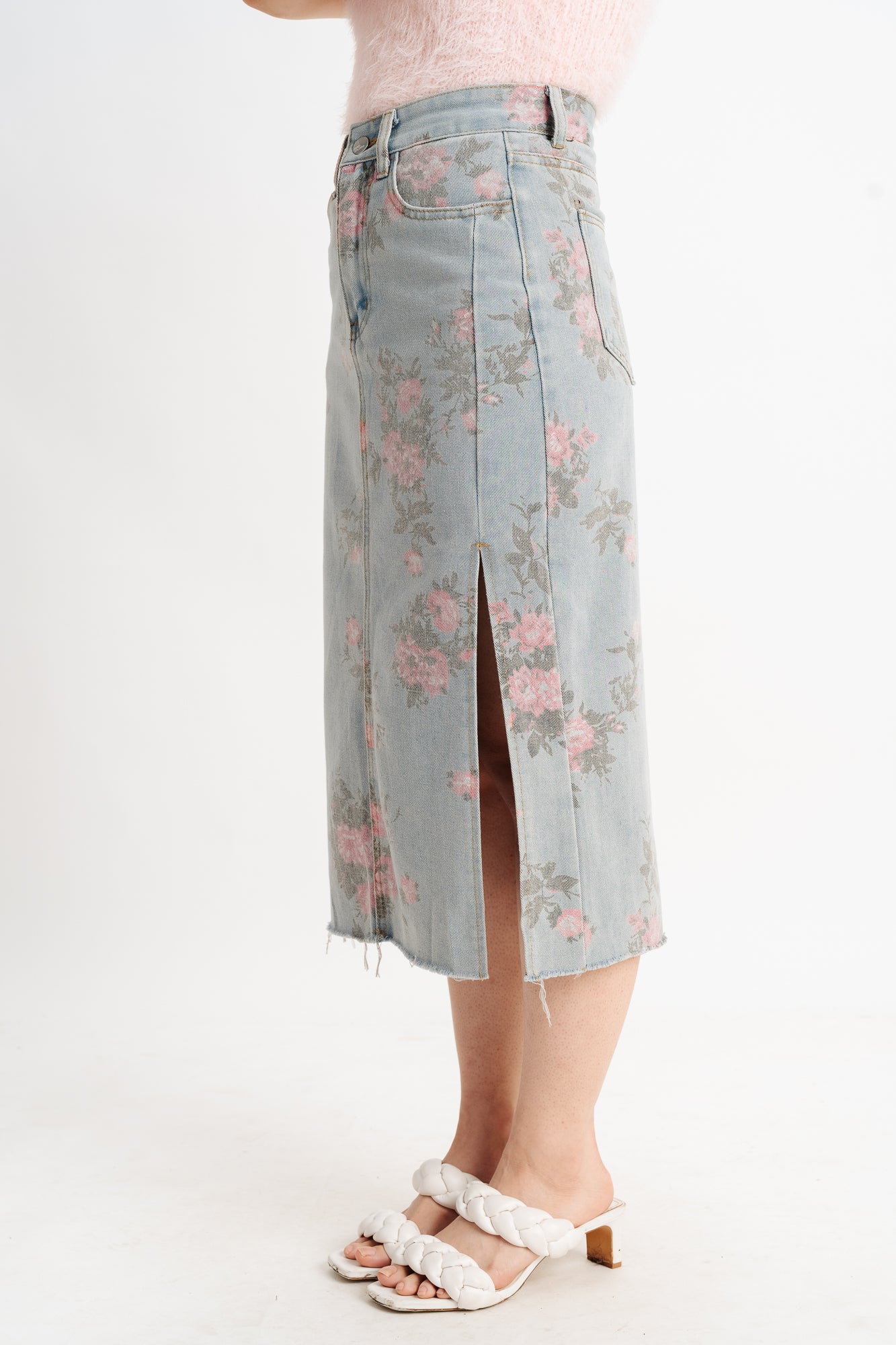 Blue Floral Denim Slit Skirt