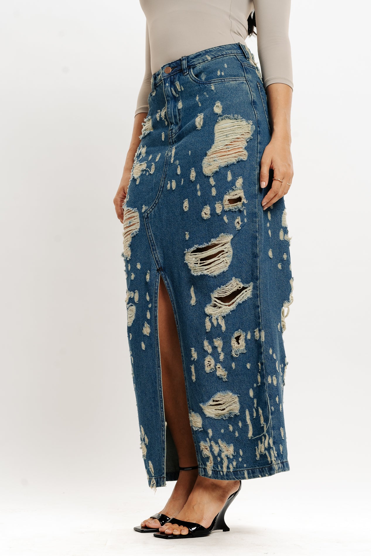 Blue Tinted Front Slit Women's Long Distressed Skirt