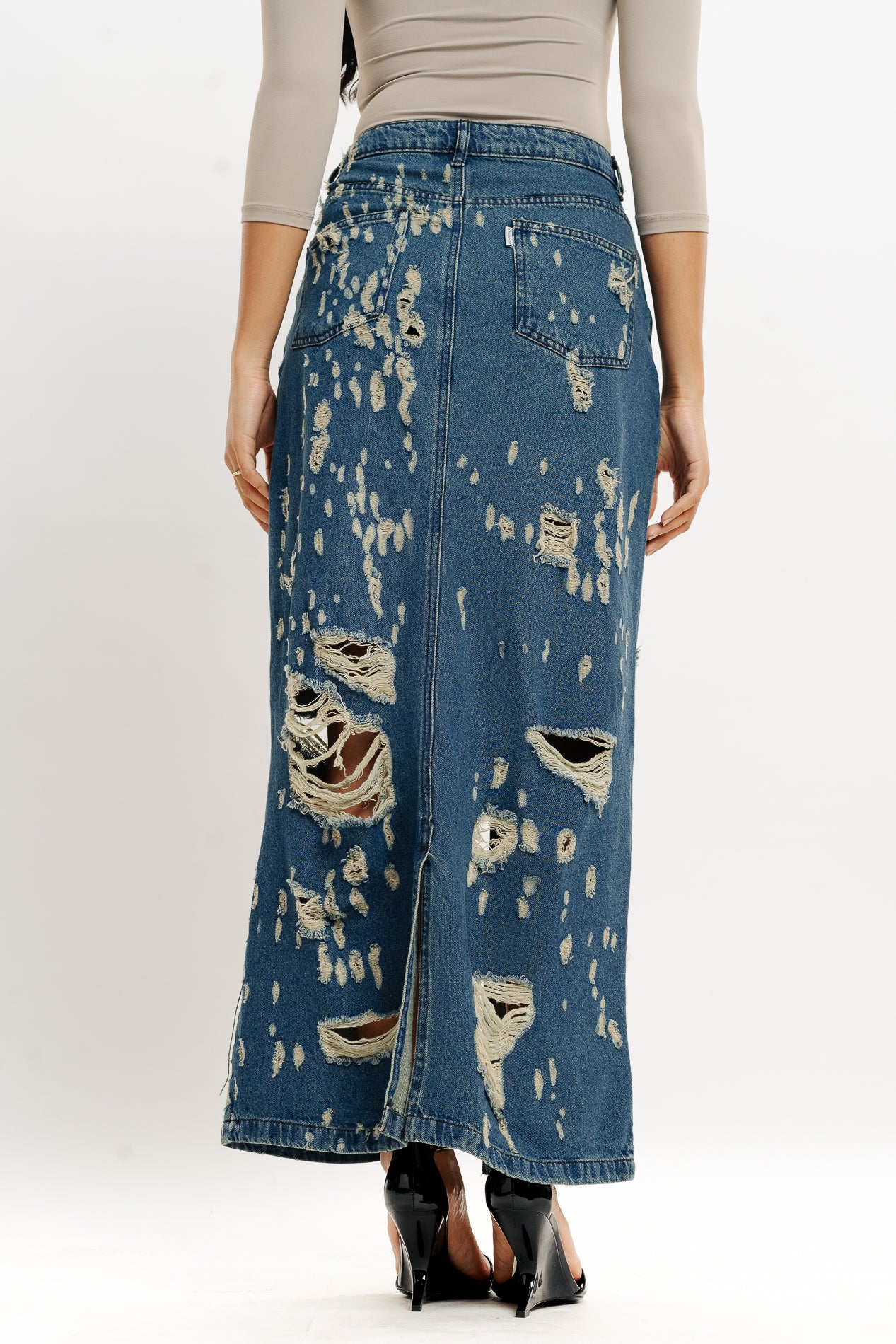 Blue Tinted Front Slit Women's Long Distressed Skirt