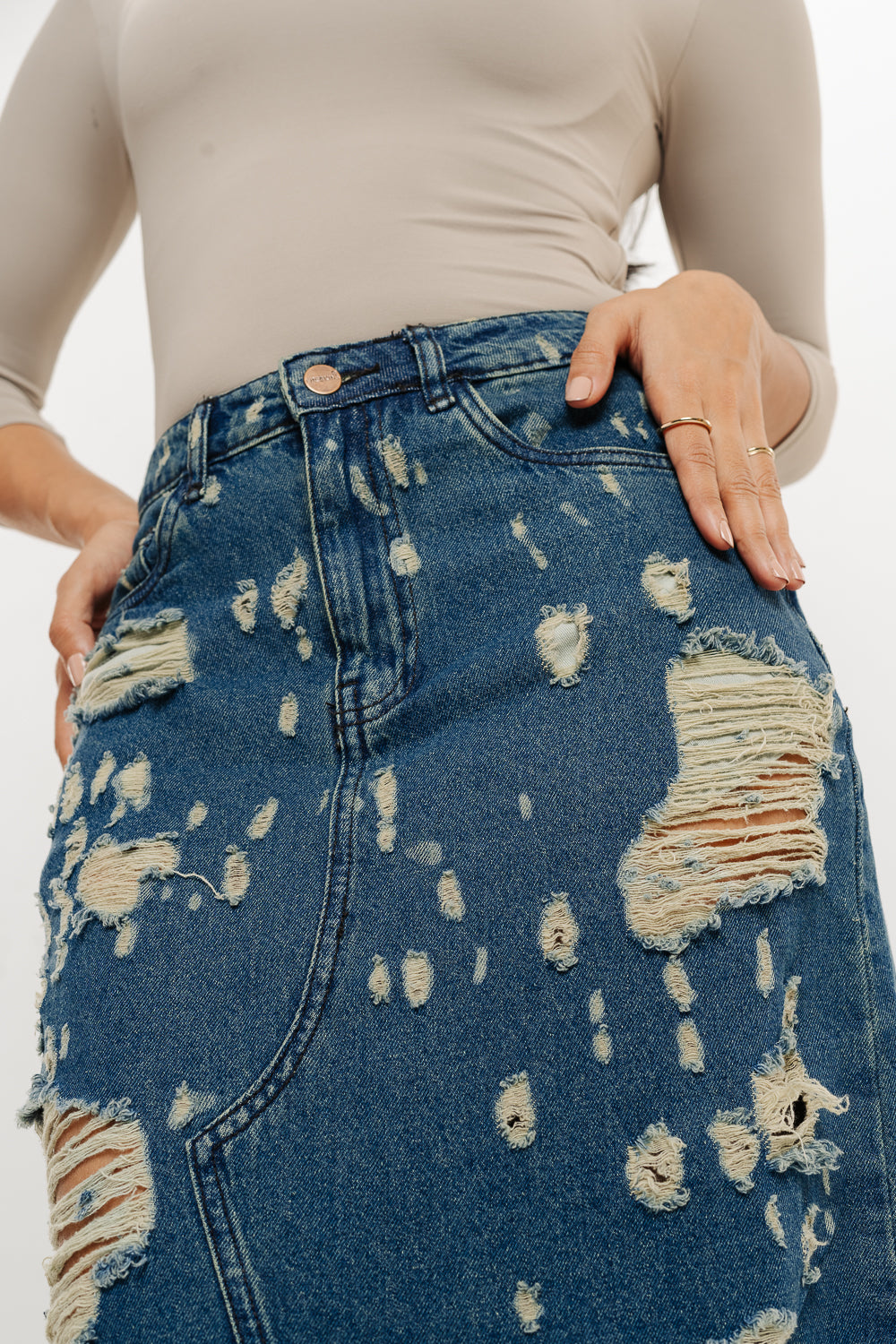 Blue Tinted Front Slit Women's Long Distressed Skirt