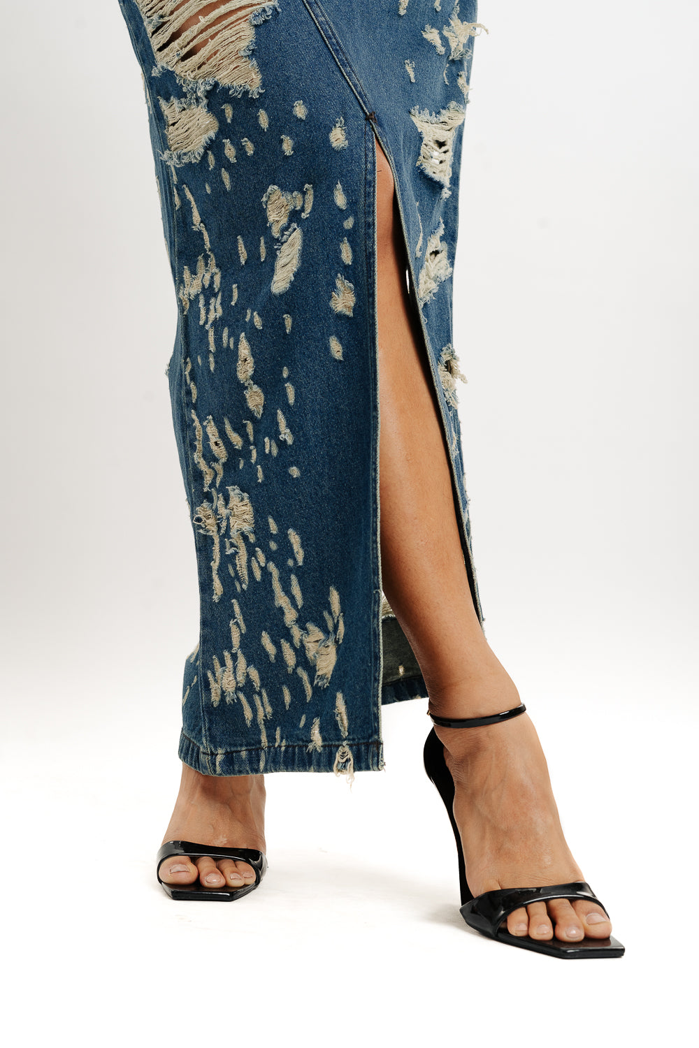 Blue Tinted Front Slit Women's Long Distressed Skirt