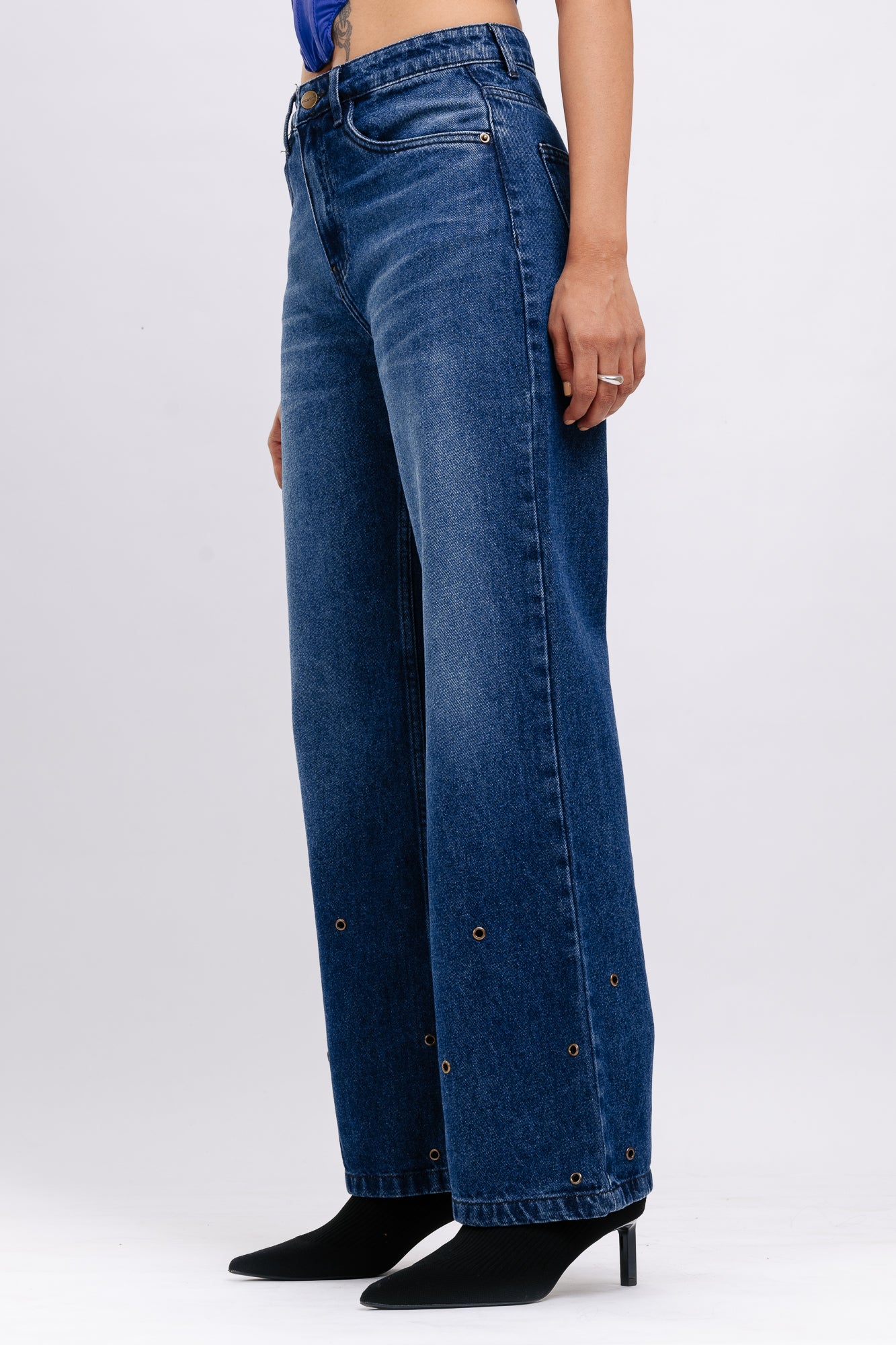 Blue Eyelet Embellished Women's Wide Jeans