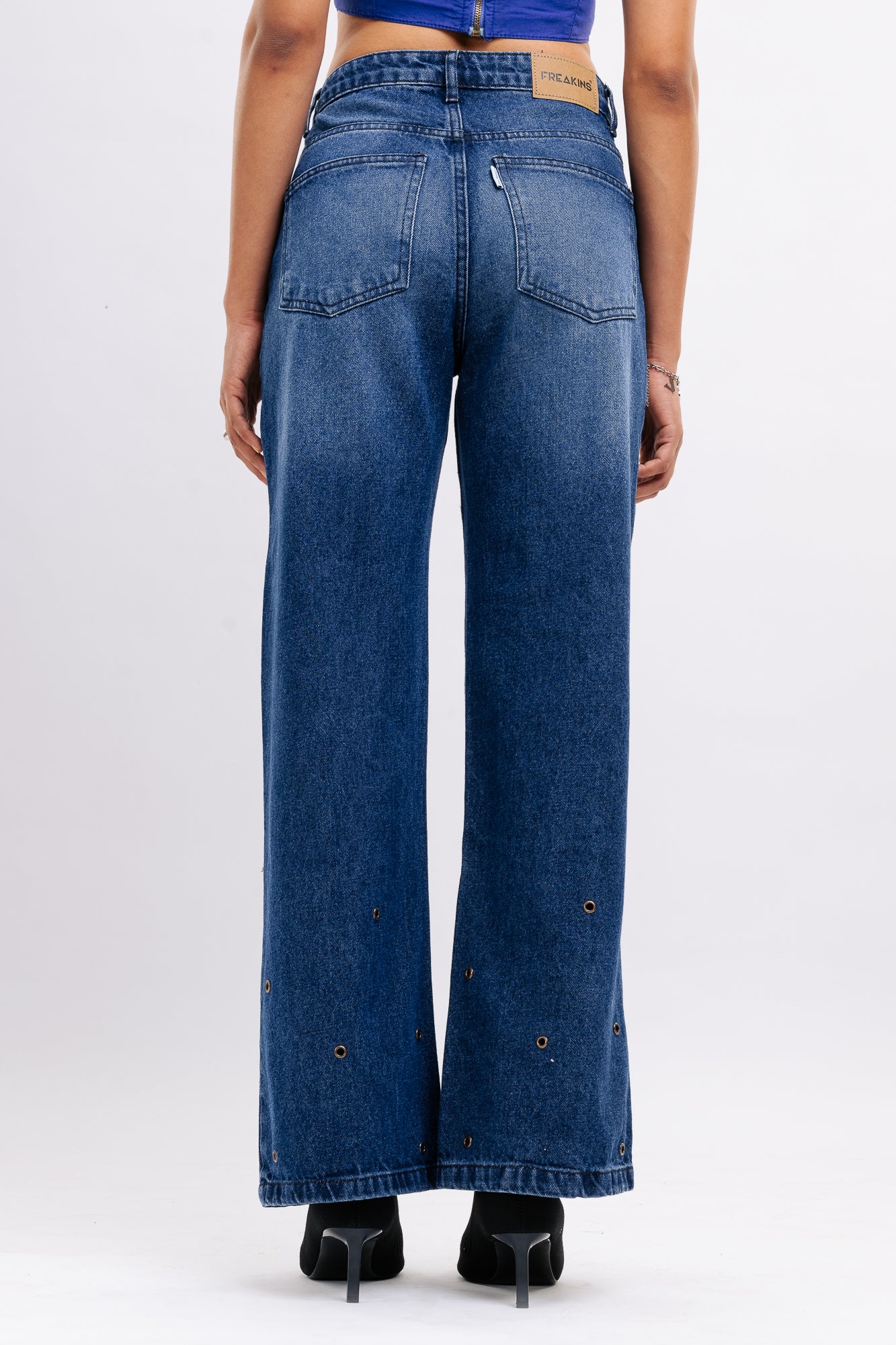 Blue Eyelet Embellished Women's Wide Jeans