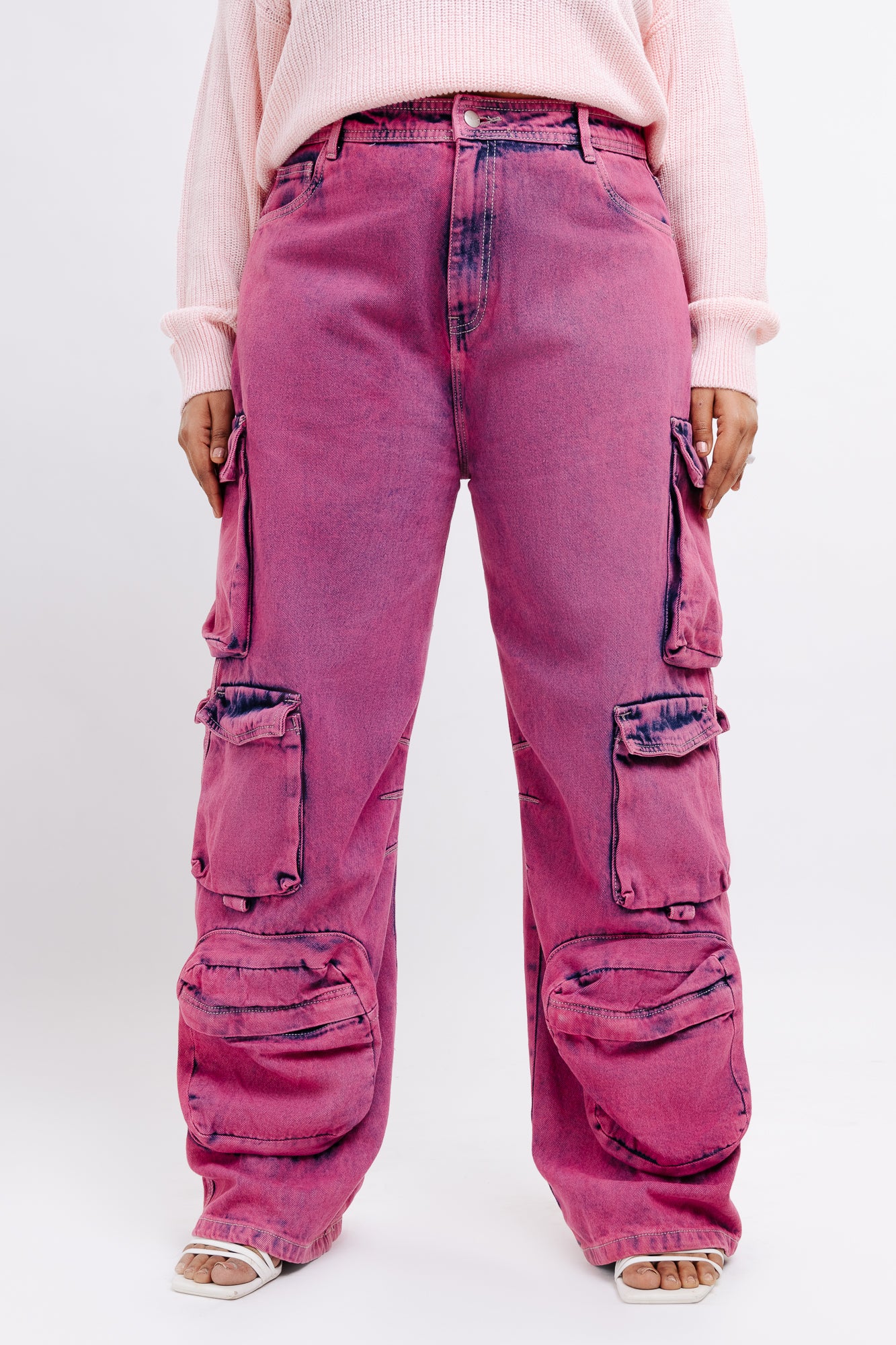 Curve Pink Baggy Straight Cargo Jeans