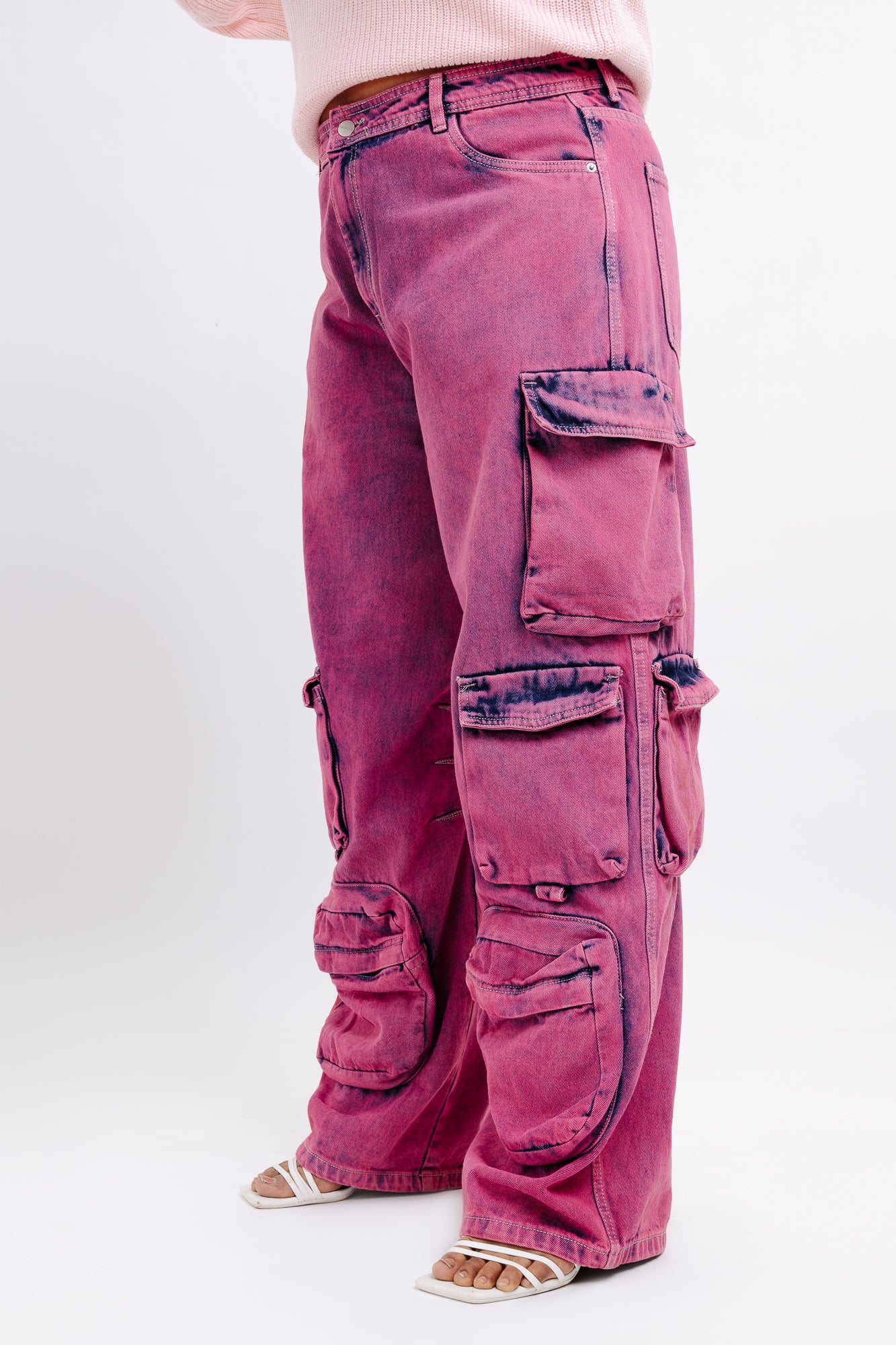 Curve Pink Baggy Straight Cargo Jeans