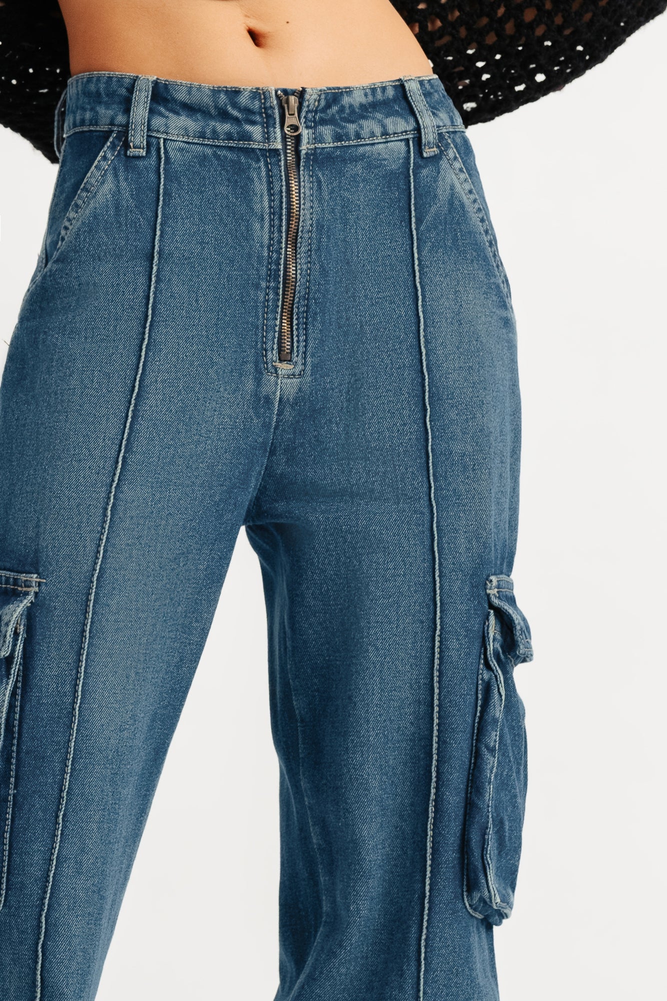 Blue Pintuck Women's Straight Cargo Jeans