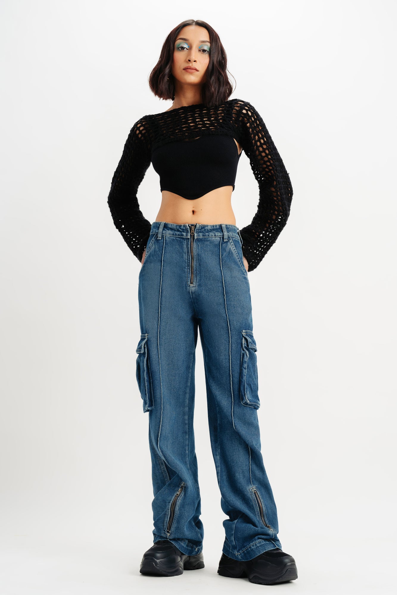 Blue Pintuck Women's Straight Cargo Jeans