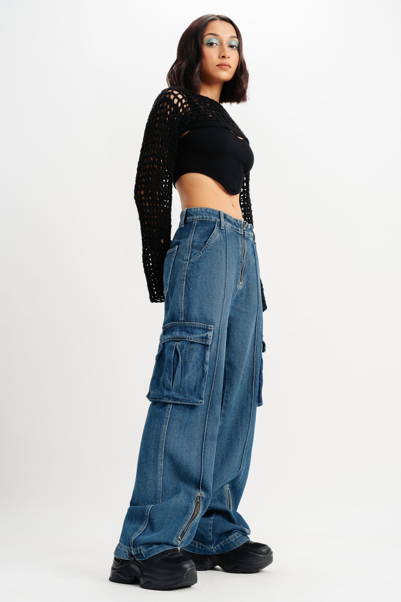 Blue Pintuck Women's Straight Cargo Jeans