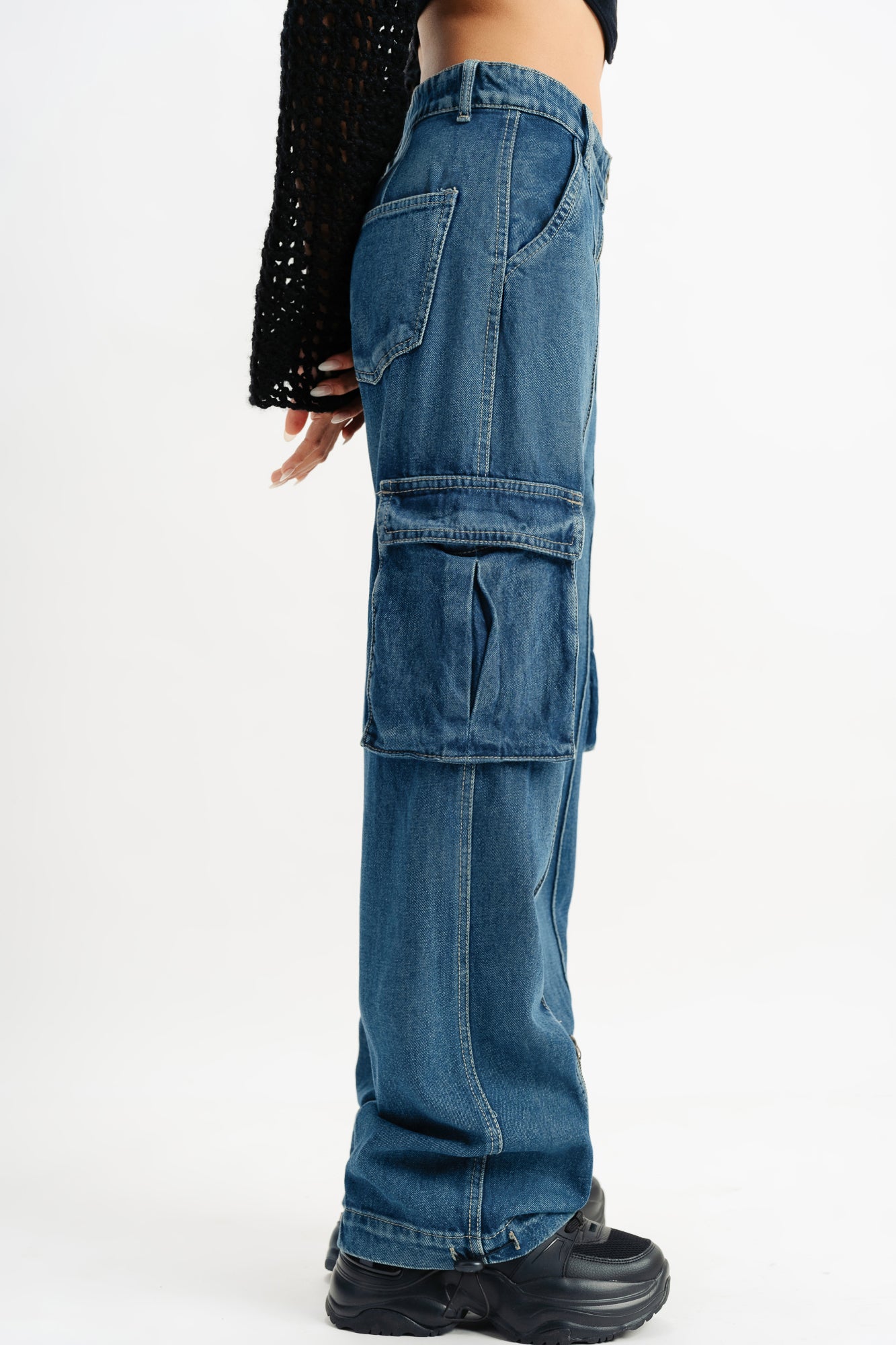 Blue Pintuck Women's Straight Cargo Jeans