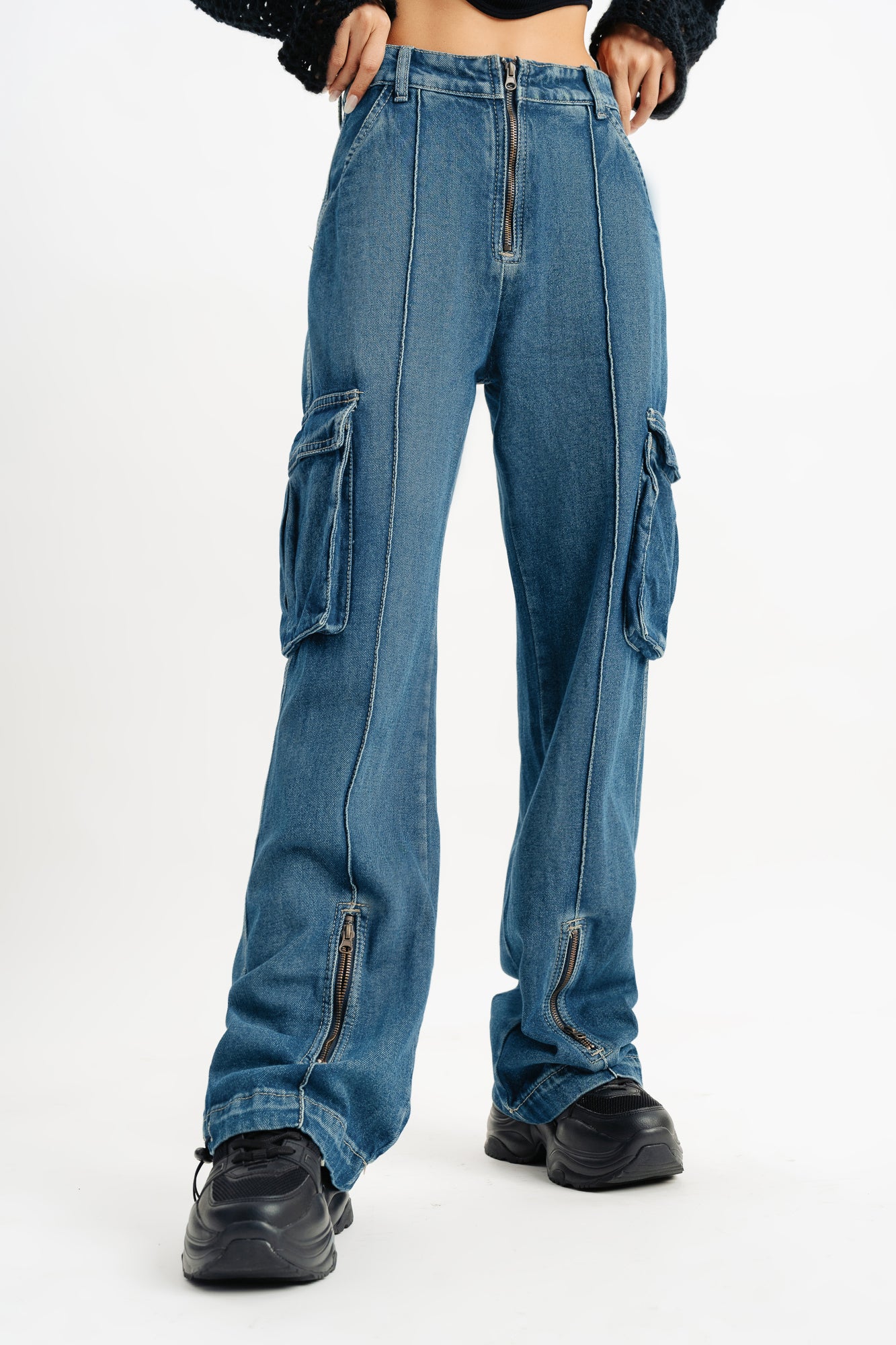 Blue Pintuck Women's Straight Cargo Jeans
