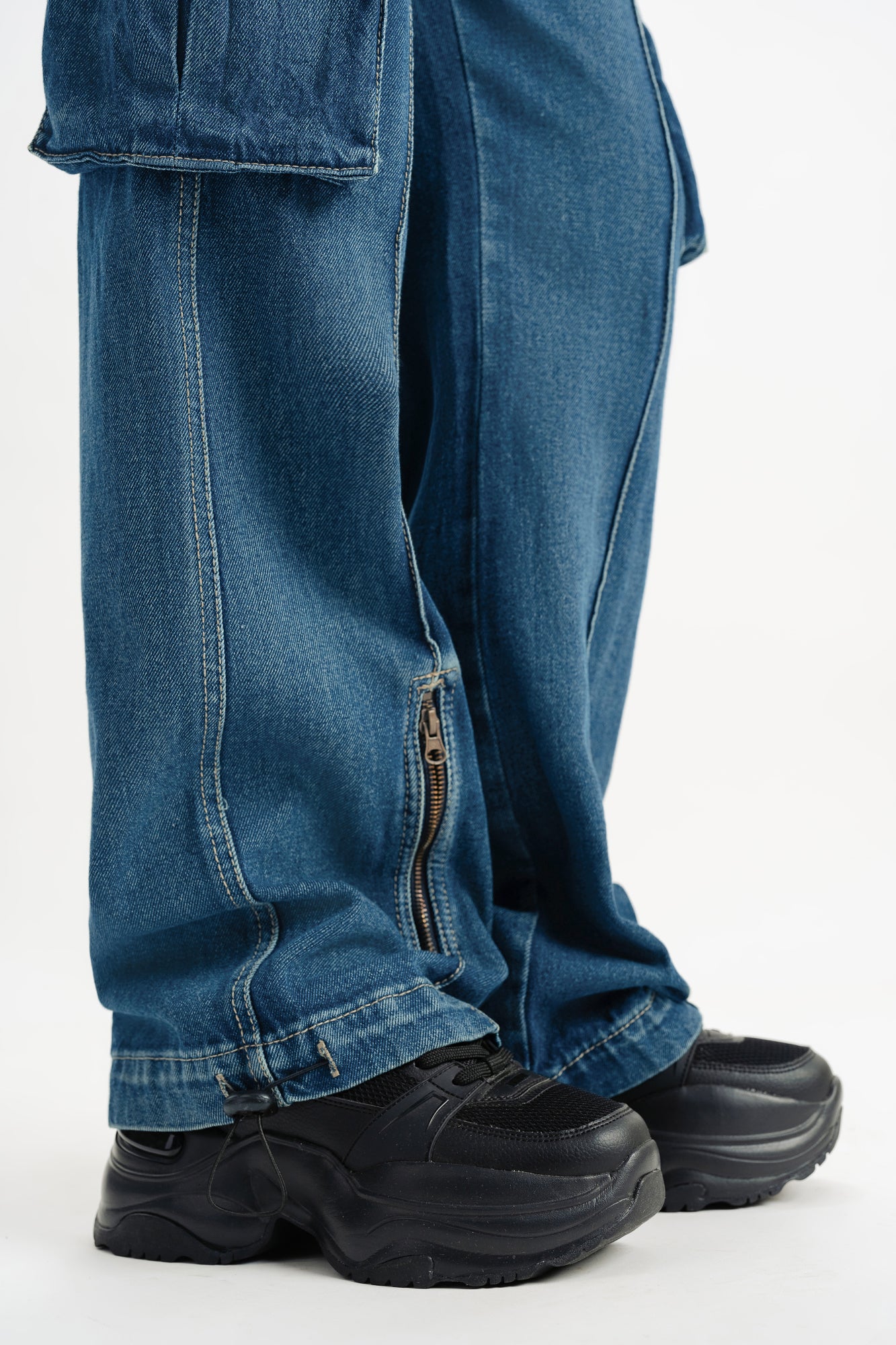 Blue Pintuck Women's Straight Cargo Jeans