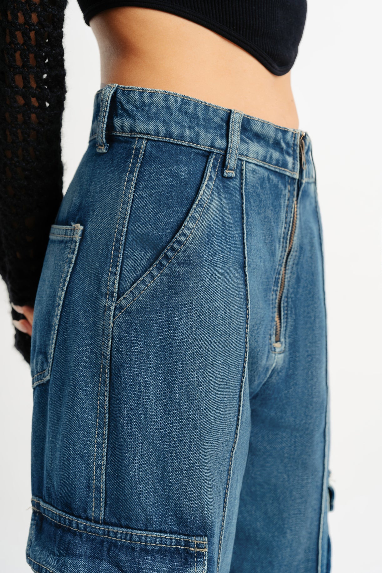 Blue Pintuck Women's Straight Cargo Jeans