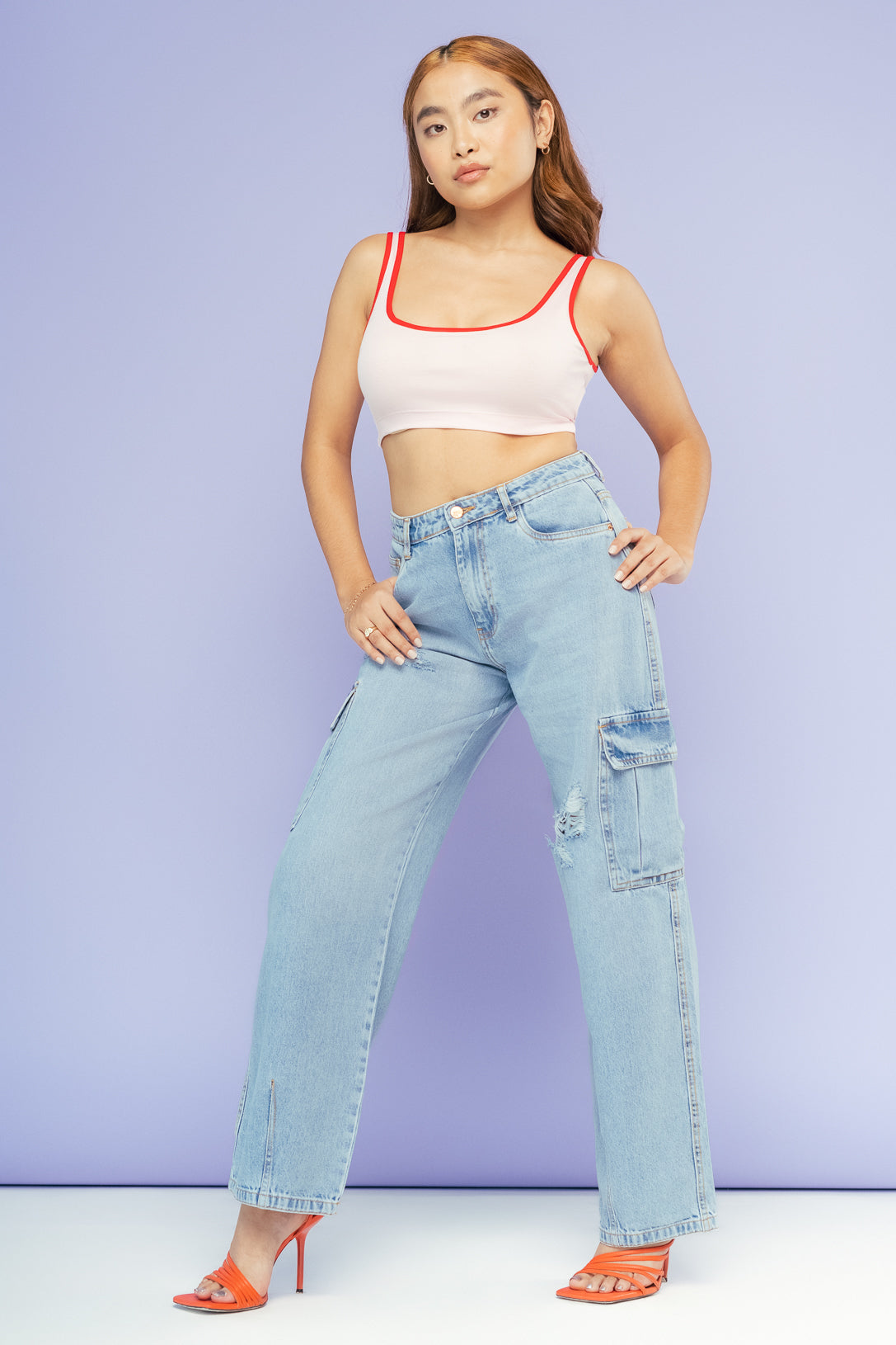 DARTED DISTRESS CARGO JEANS