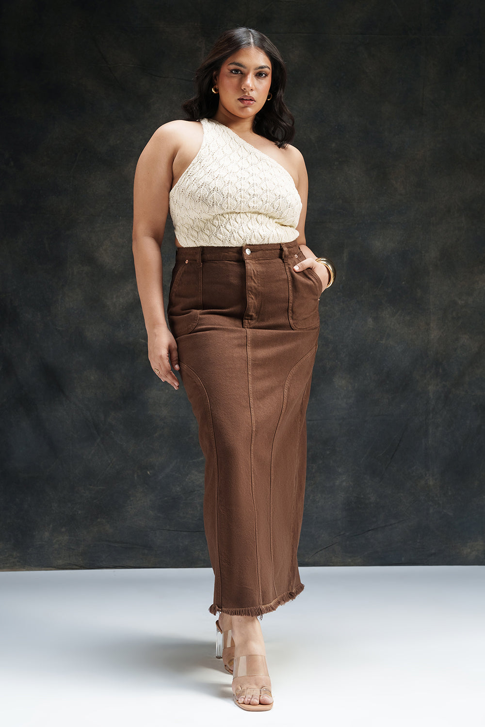 Espresso Curve Denim Carpenter Skirt