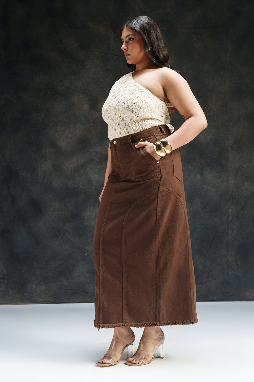 Espresso Curve Denim Carpenter Skirt