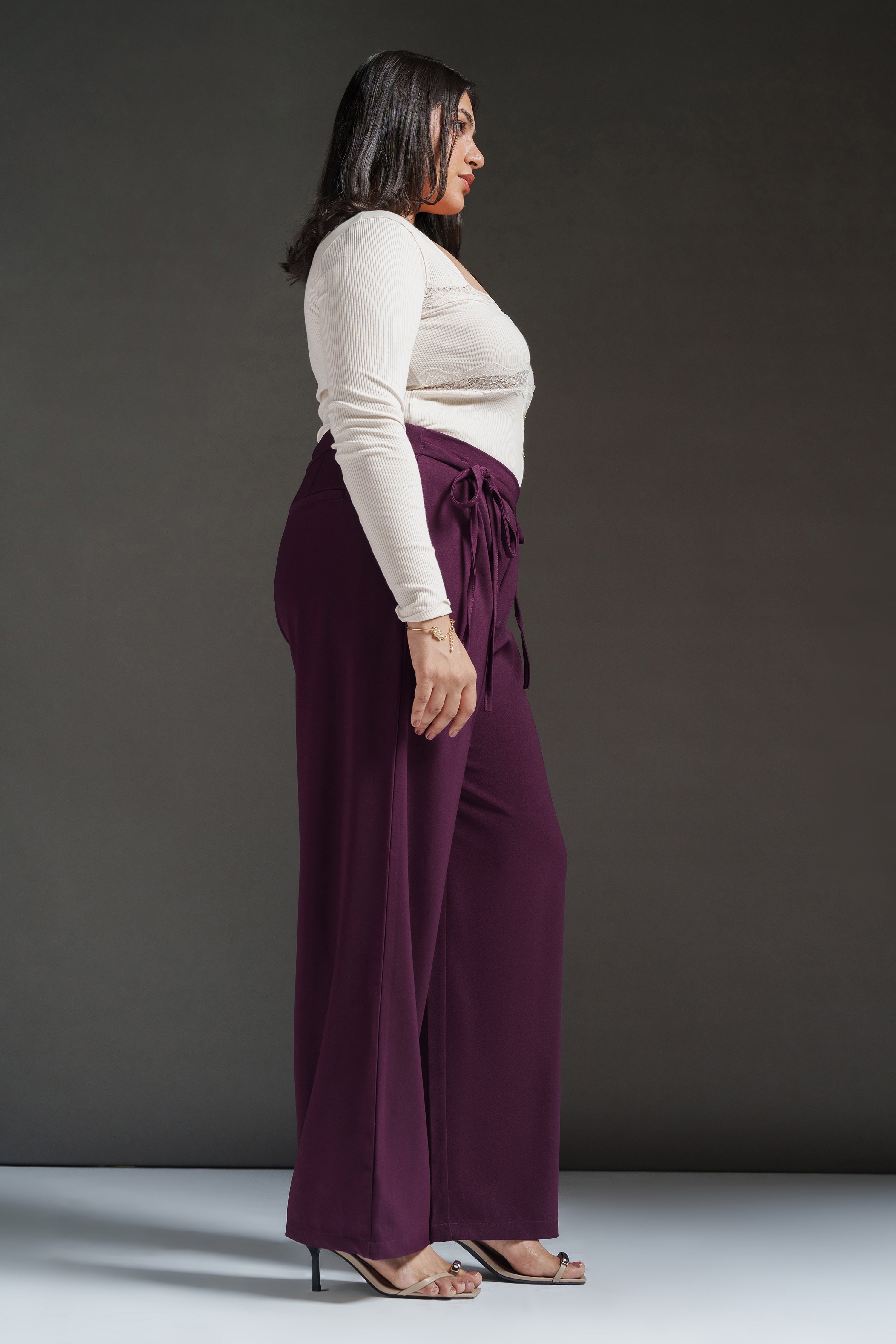 Wine Violet Curve Tie-Up Korean Pants
