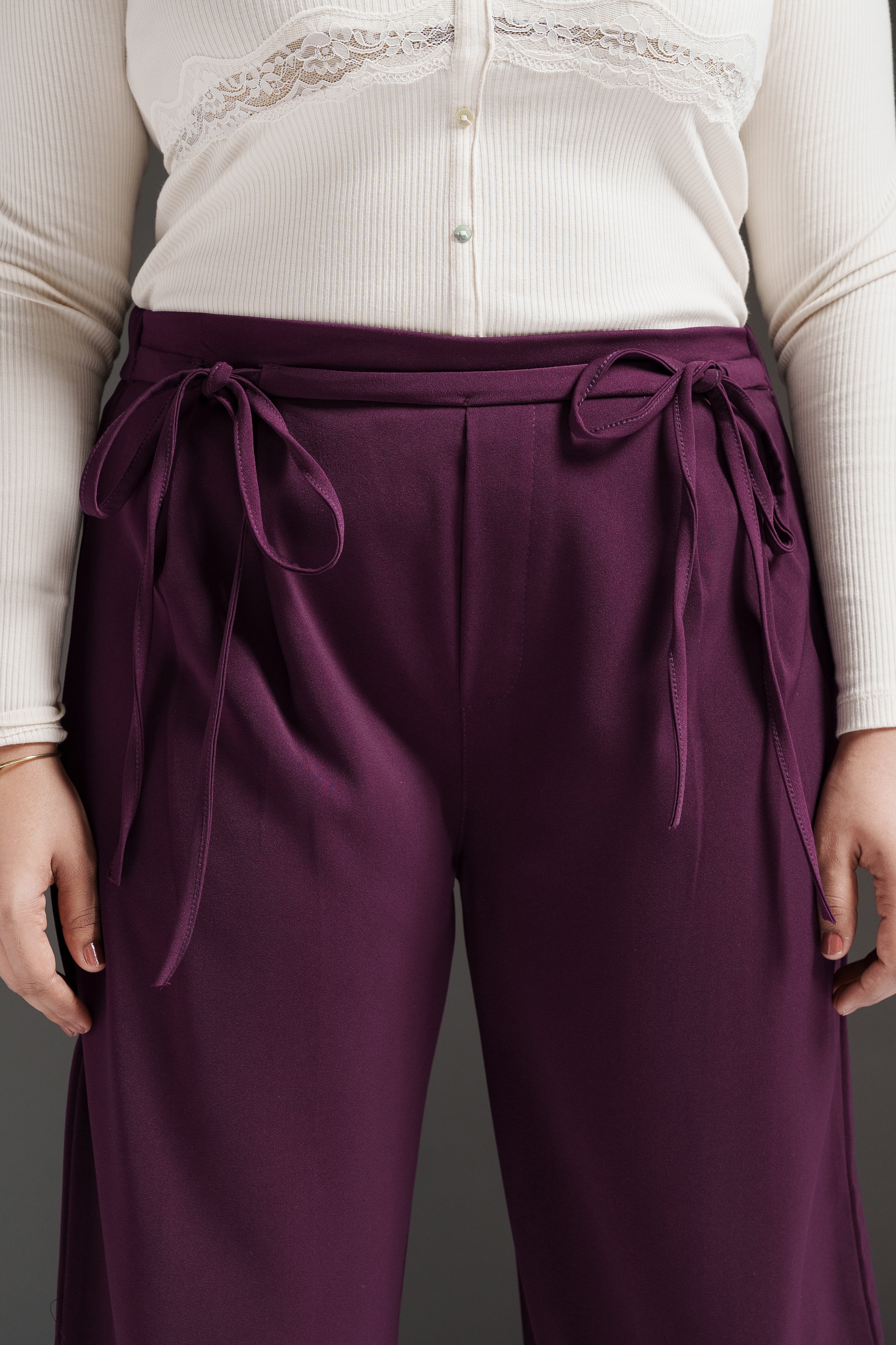 Wine Violet Curve Tie-Up Korean Pants