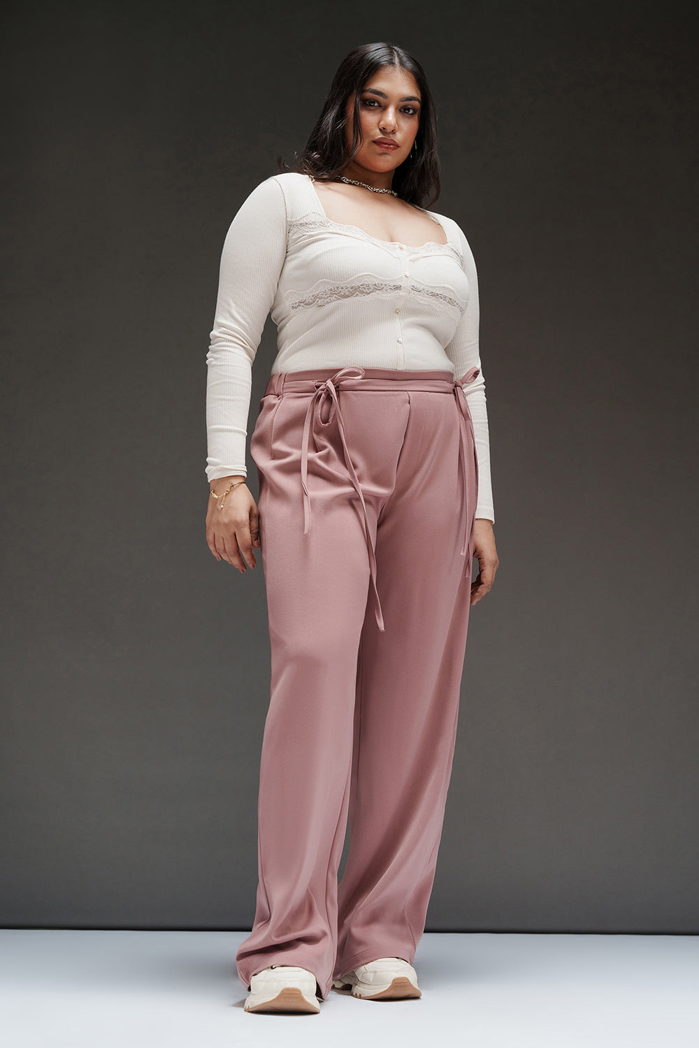Curve Pink Mousse Tie-Up Korean Pants