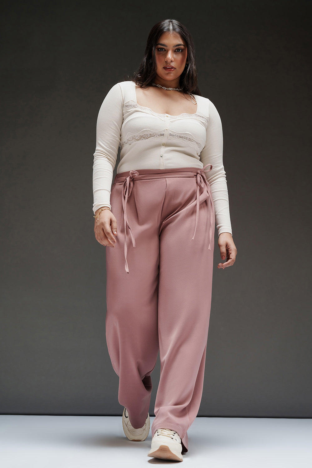 Curve Pink Mousse Tie-Up Korean Pants