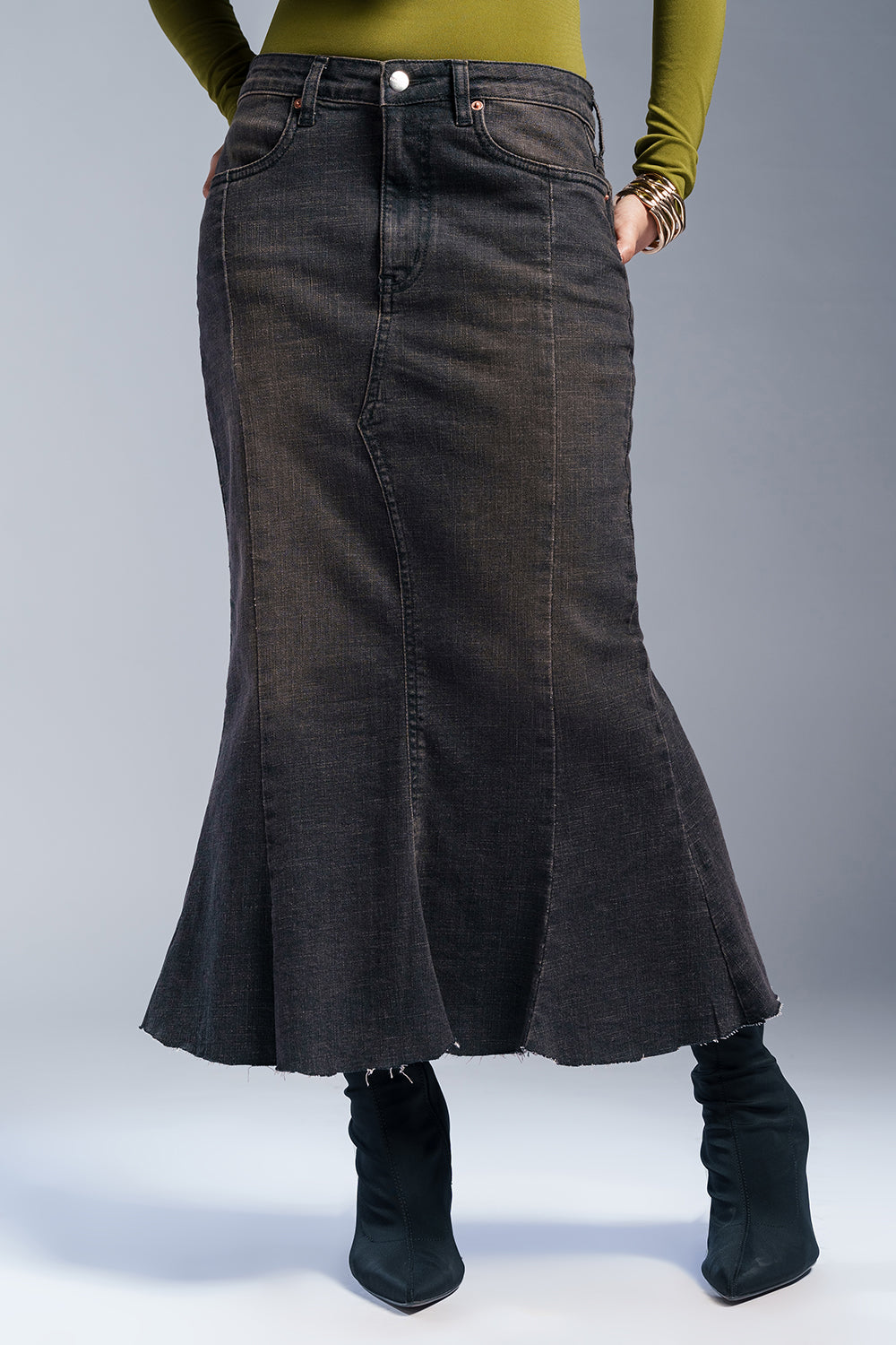 City Black Denim Mermaid Midi Skirt