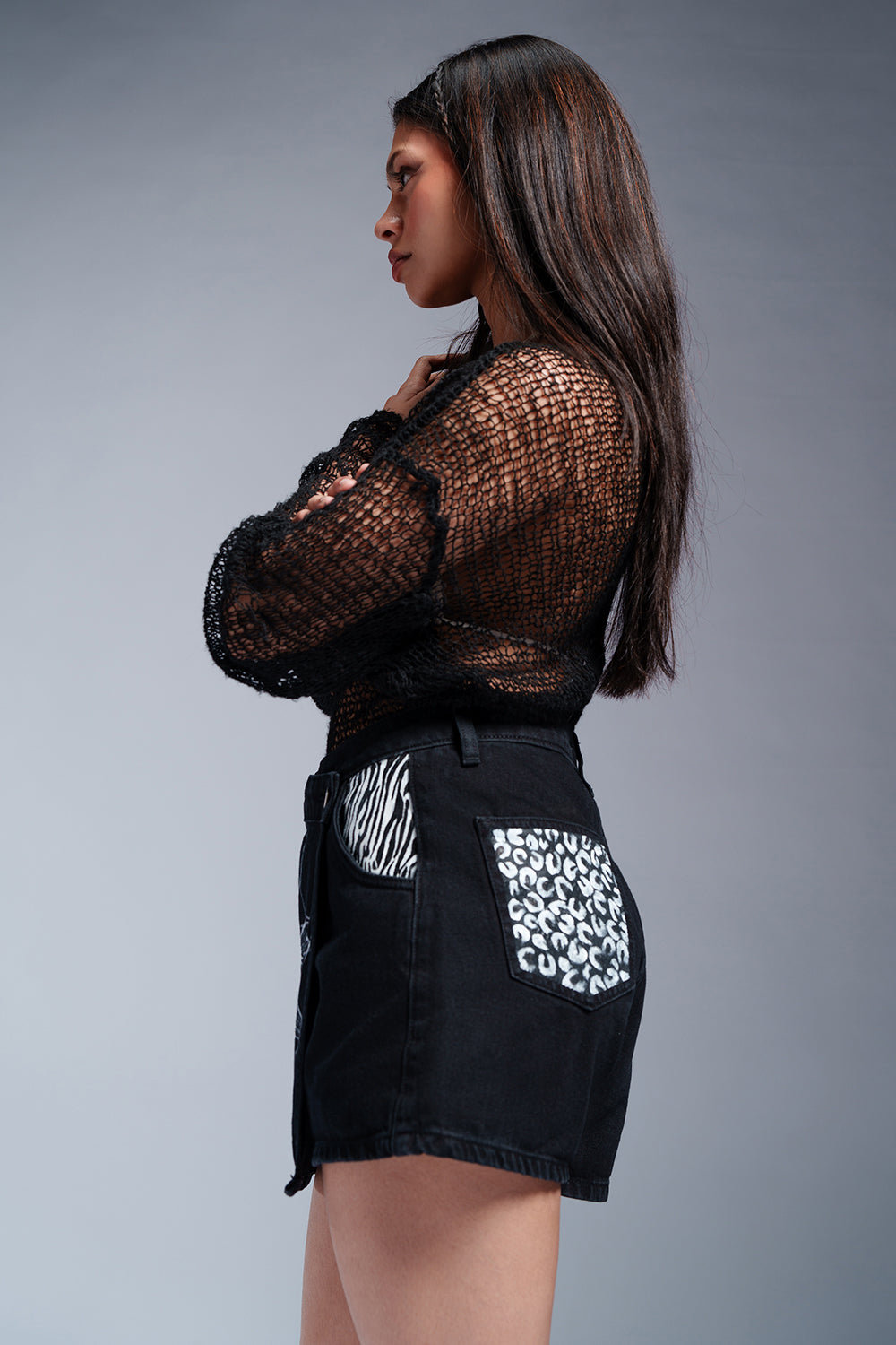 Contemporary Hand Painted Charcoal Denim Skort