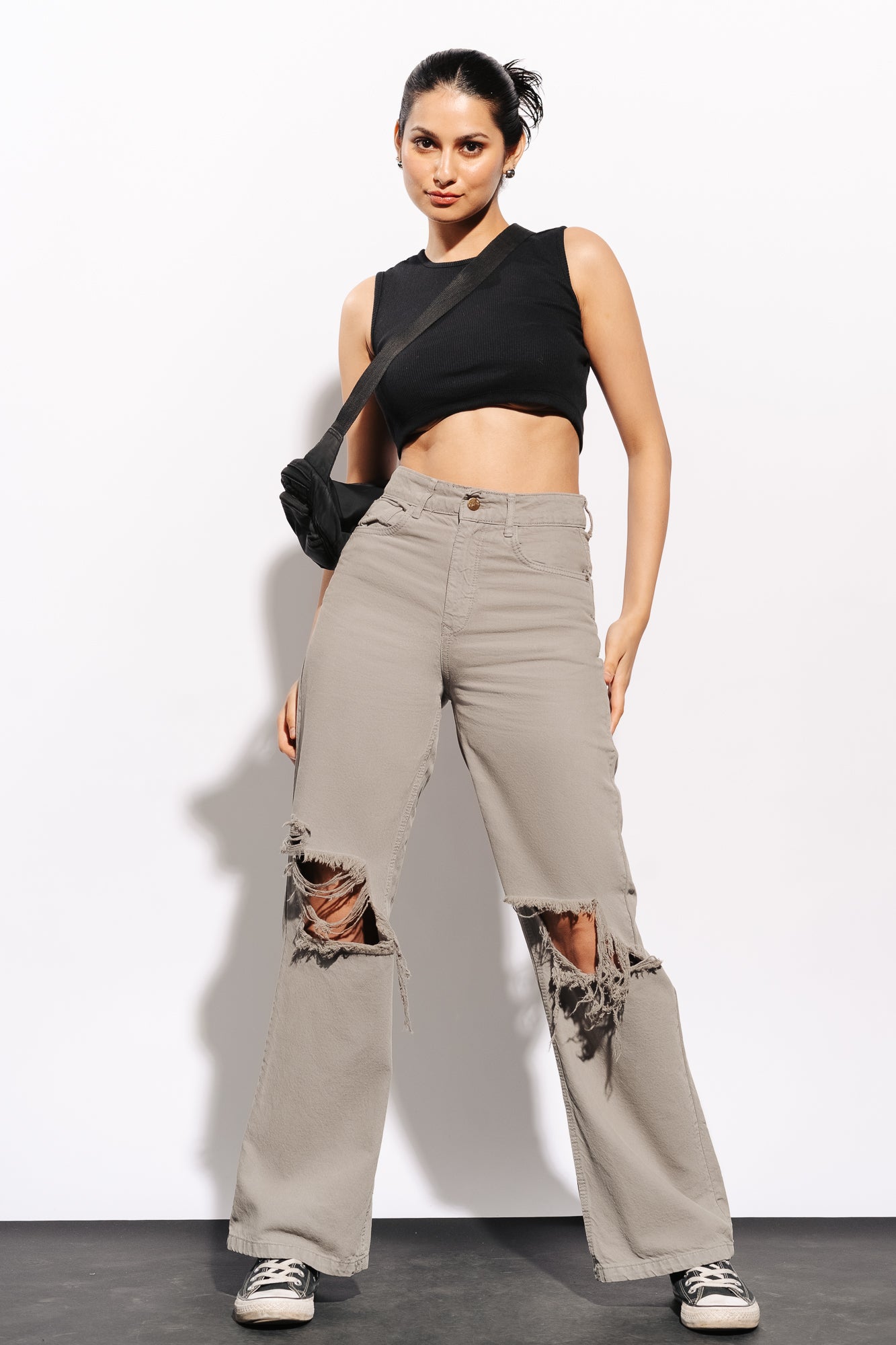 Grey Distress Women's Wide Jeans