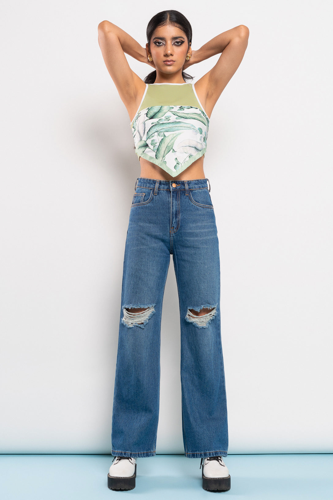 Blue Ripped Women's Wide Jeans