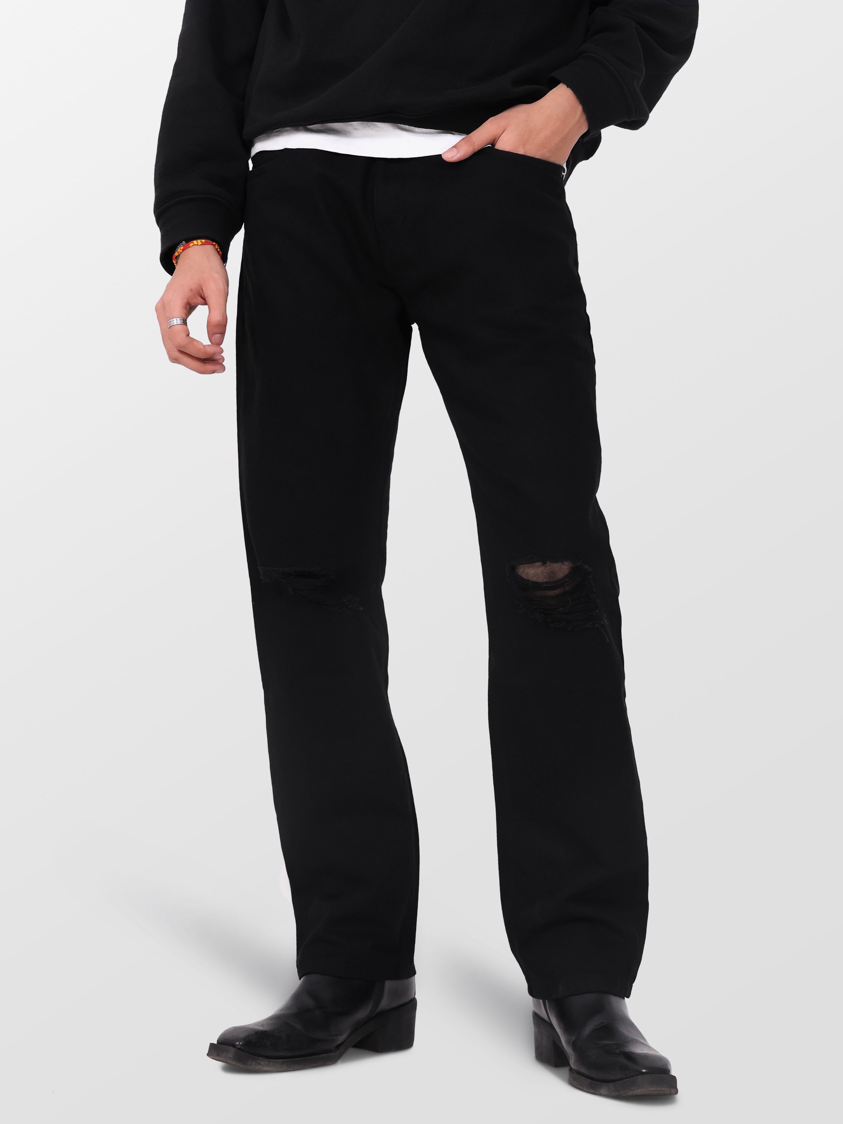 Street Black Ripped Straight Jeans