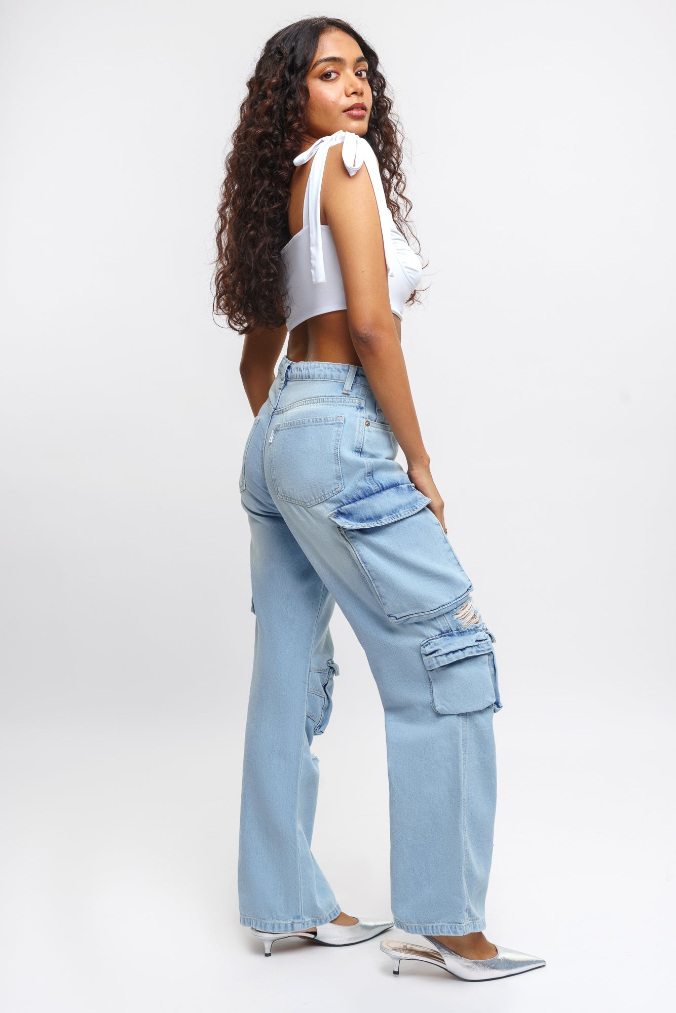 Light Indigo Women's Baggy Straight Cargo Jeans