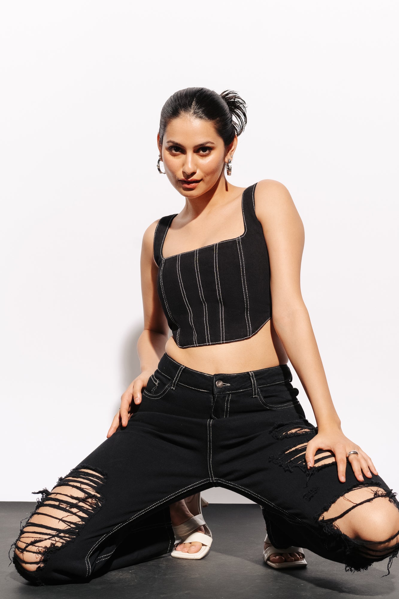 Black Crop Top And Ripped Jeans Black Contrast Women's Denim Bustier Corset Top