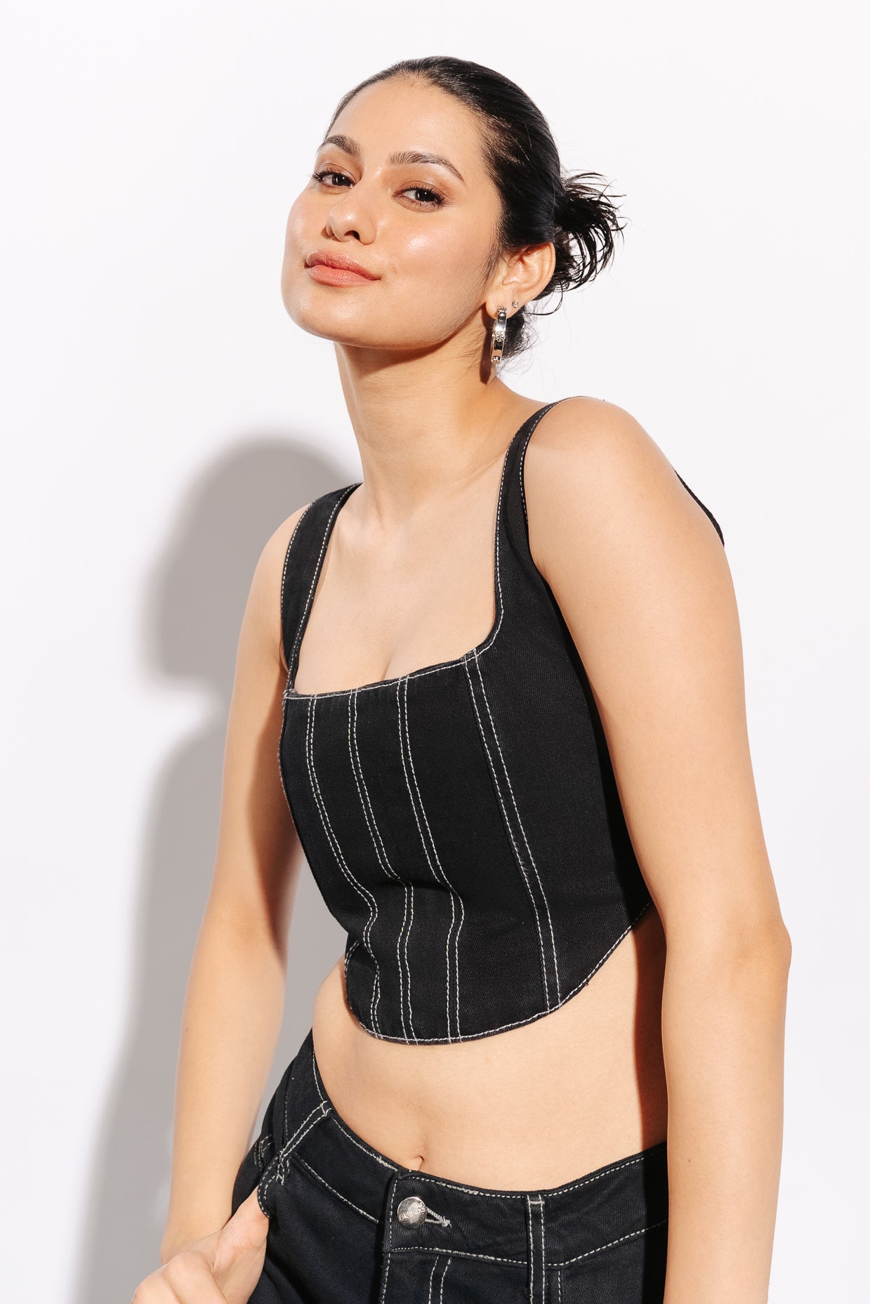 Black Contrast Stitch Women's Bustier Corset Top