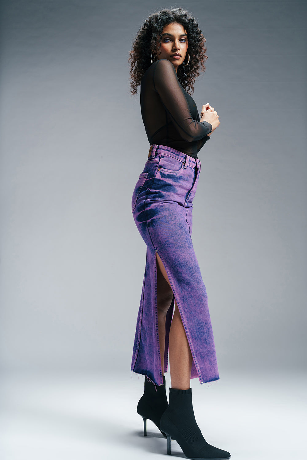 Purple Strike Denim Side Slit Maxi Skirt
