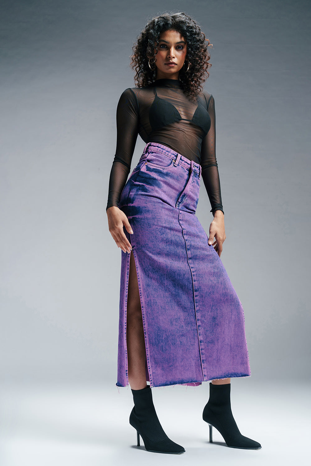 Purple Strike Denim Side Slit Maxi Skirt