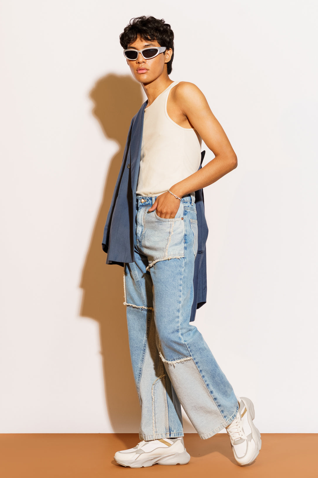 Blue Frayed Panel Men's Straight Jeans